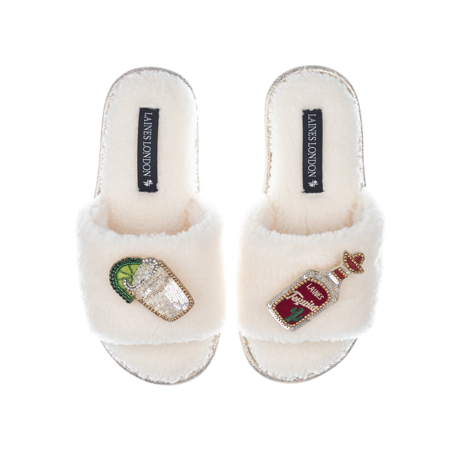 Laines London Women's White Teddy Towelling Slipper Sliders With Tequila Slammer Brooches - Cream In White