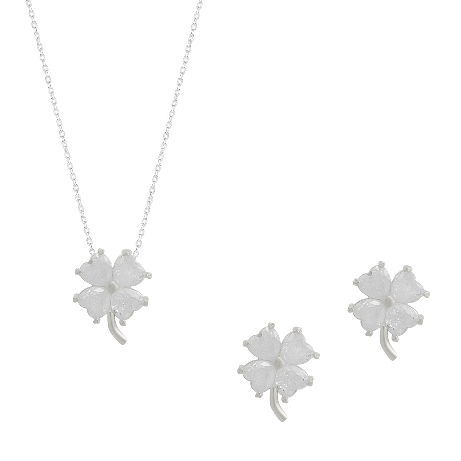 Women’s Silver / White Four Leaf Clover Sterling Silver Necklace & Earring Set - White - Silver Spero London