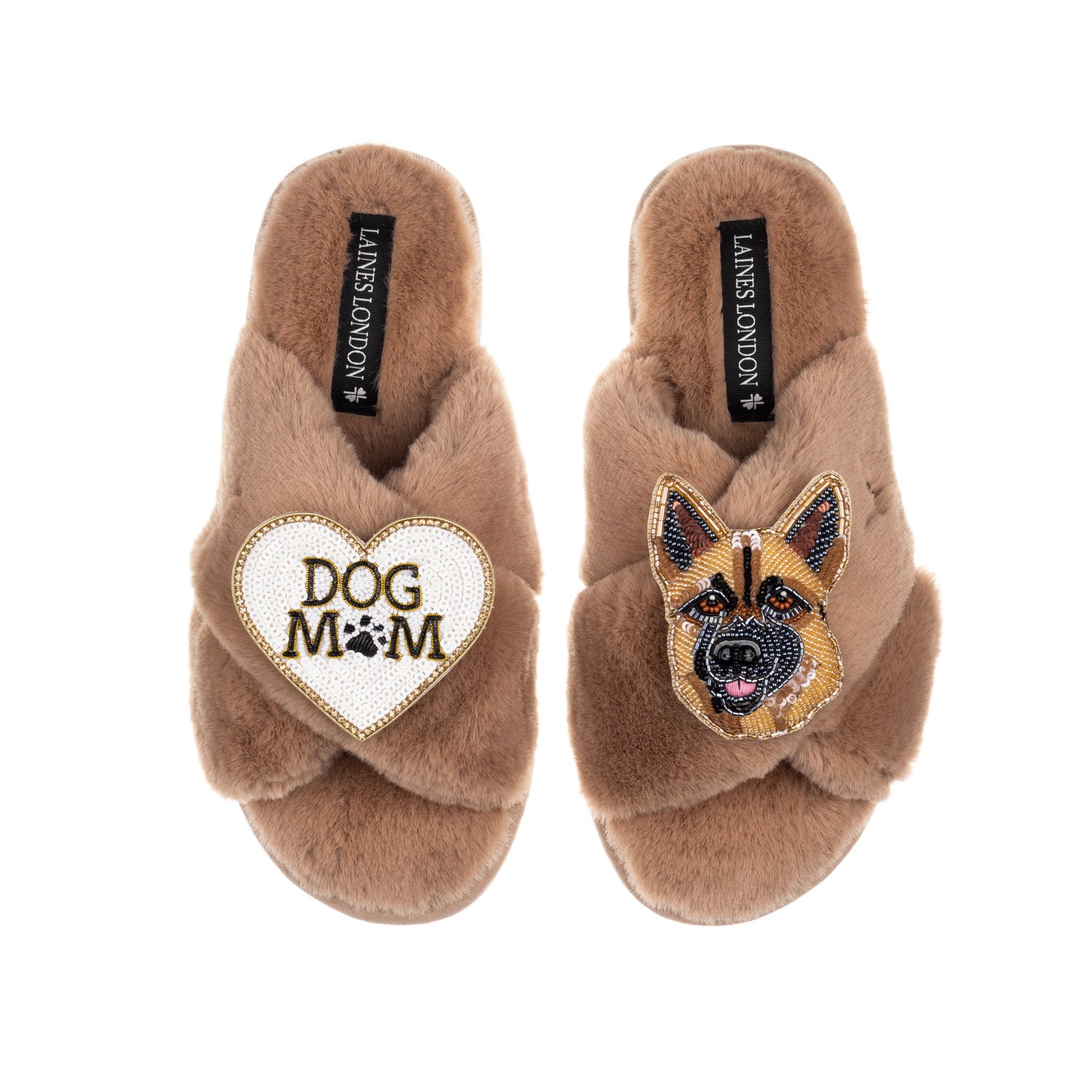 Laines London Women's Brown / Neutrals Classic Laines Slippers With Roxy The German Shepherd & Dog Mum/mom Brooche In Brown