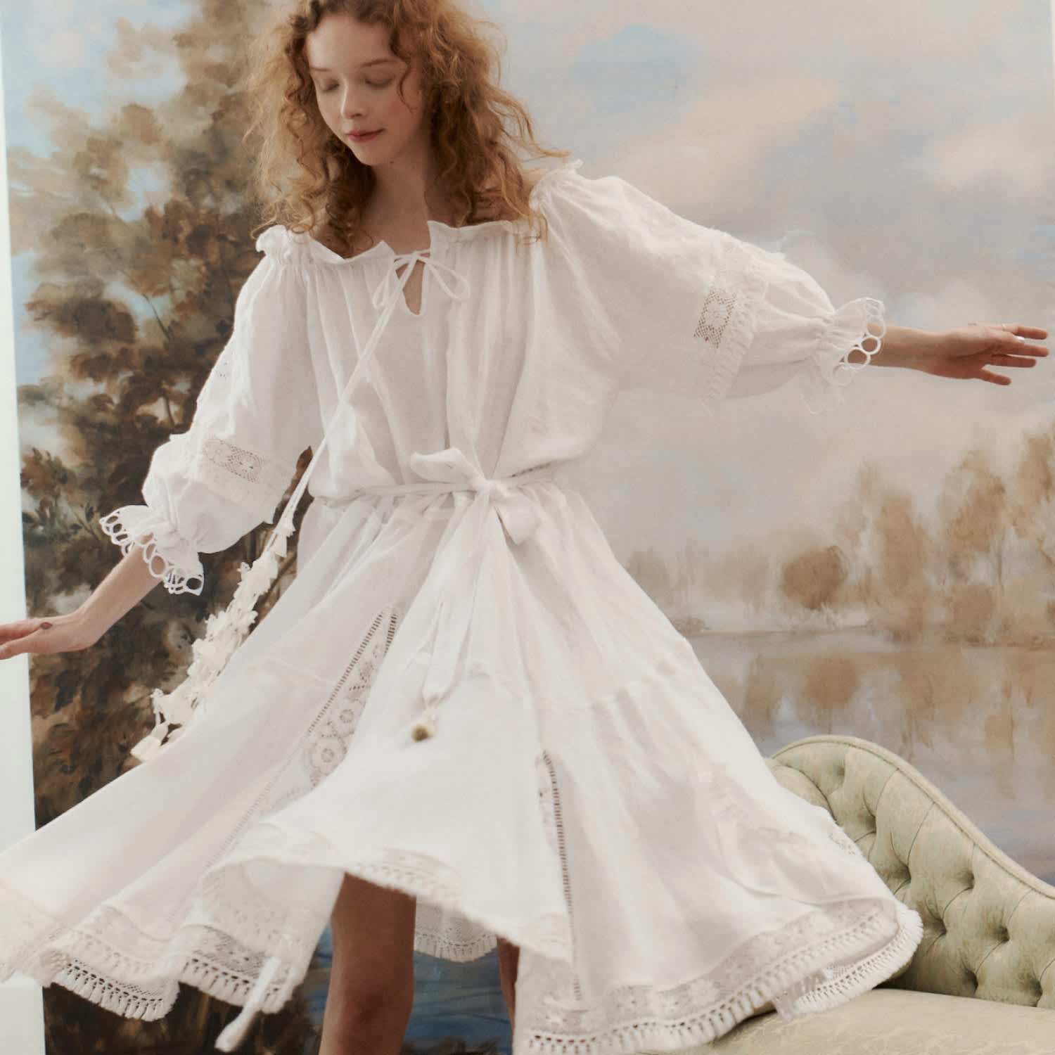 angel lace linen dress Battenberg Lace Angel Sleeve Mini Dress with Tulip Motif