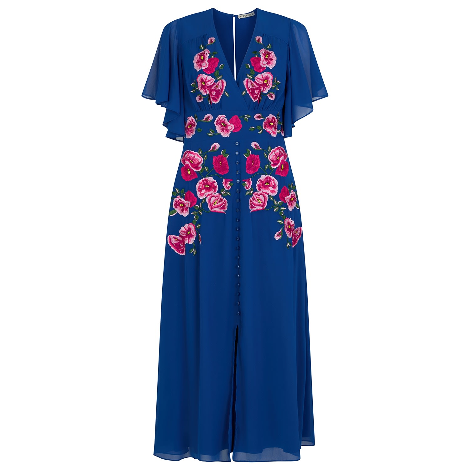 Hope & Ivy Women's Blue The Monica Embroidered Flutter Sleeve Front Button Midi Dress