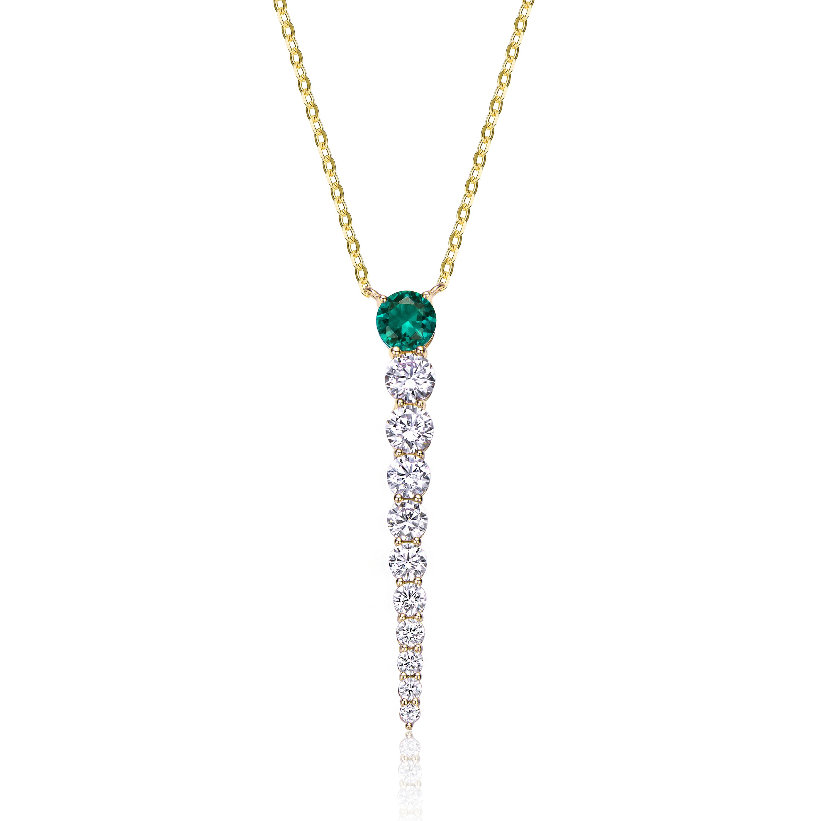 Women’s Green Yellow Gold Plated With Emerald & Diamond Cubic Zirconia Icicle Journey Pendant Layering Necklace In Sterling Silver Genevive Jewelry