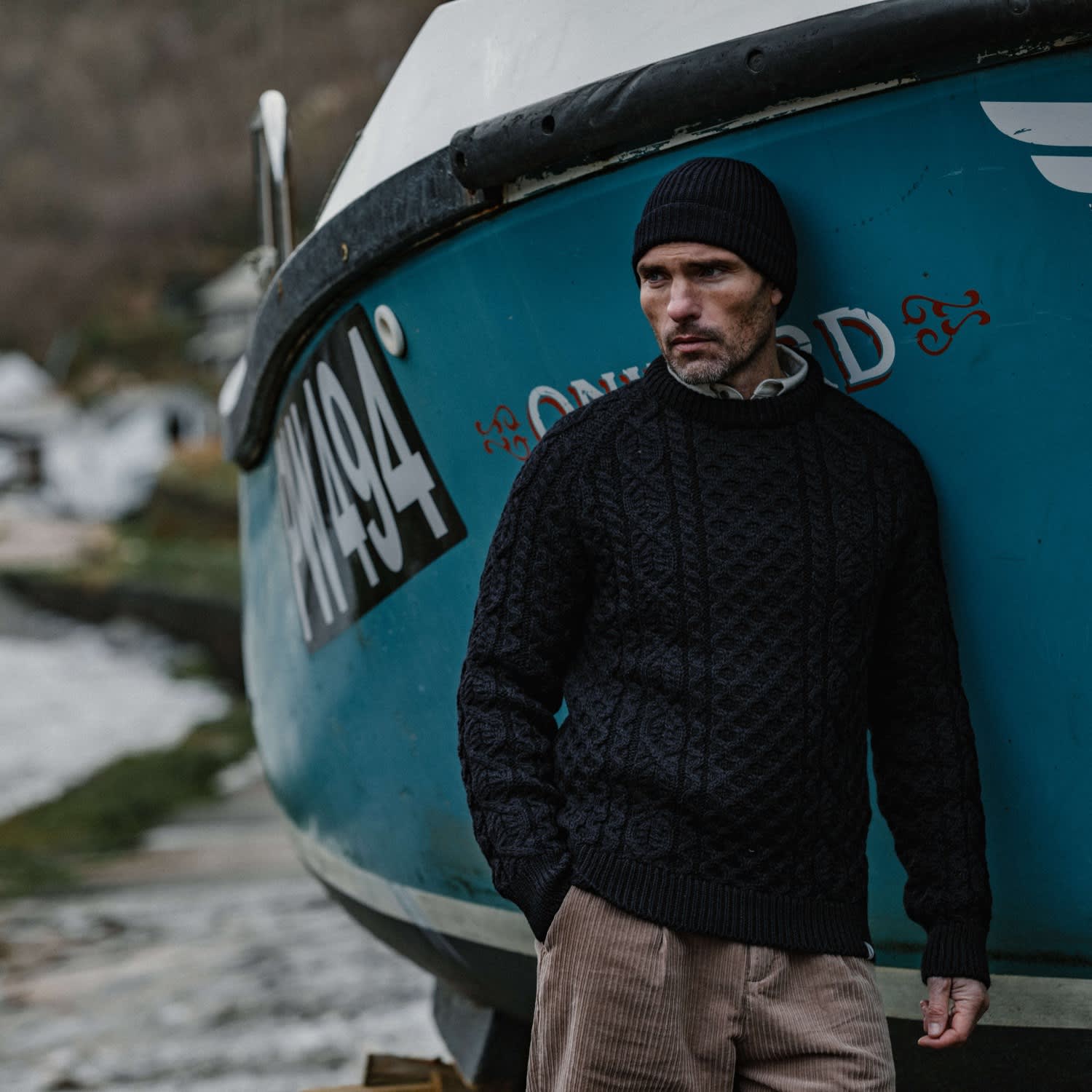 Hudson Aran Jumper Navy | Peregrine | Wolf & Badger