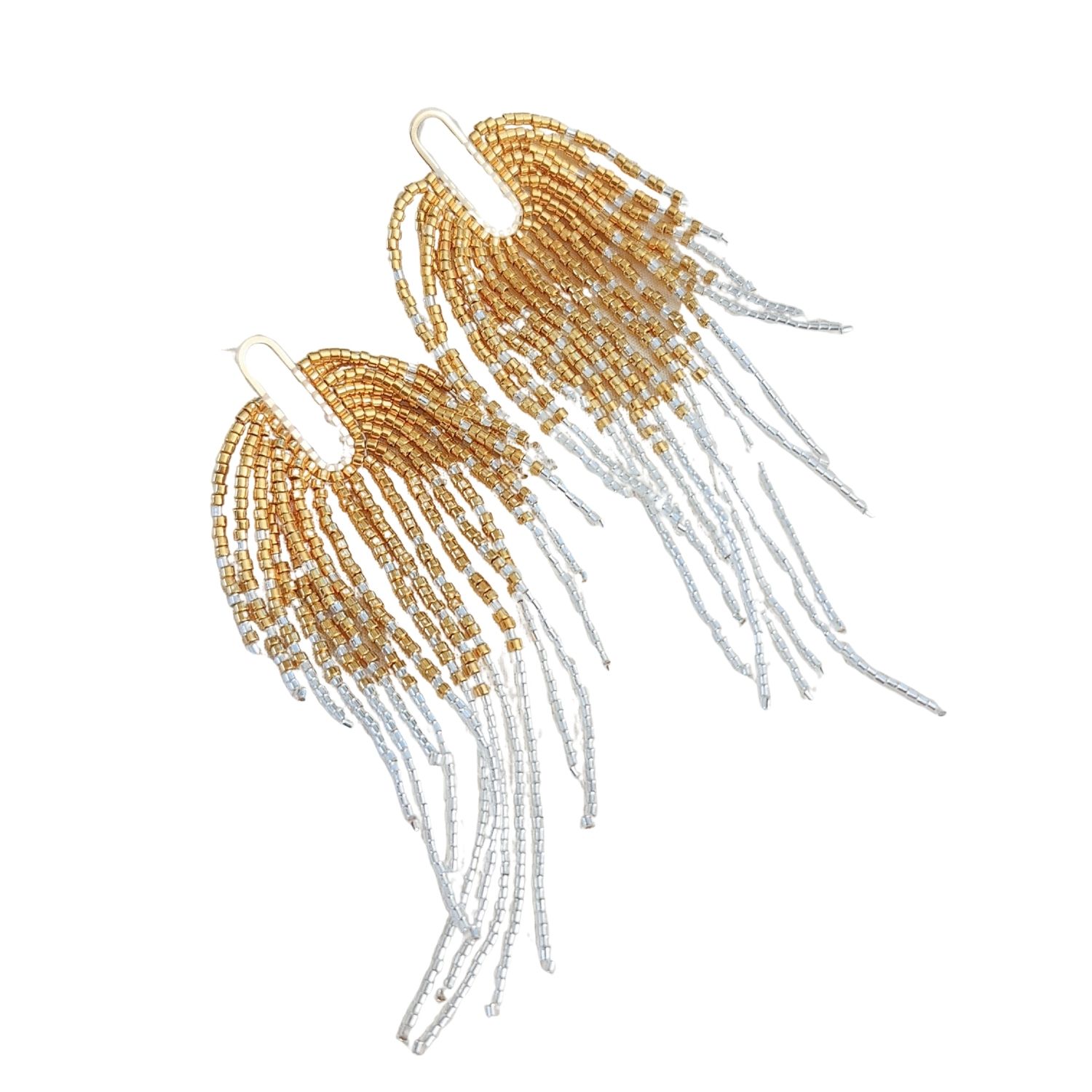 Jeannierichard Women's Silver / Gold The Phoenix - Silver And Gold Beaded Tassel Statement Stud Earrings