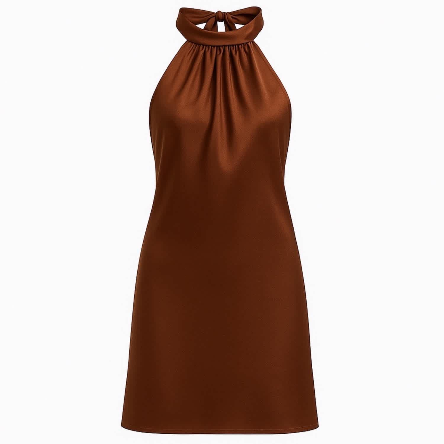 wrap halter neck mini dress in caramel Serotoninn Halter Neck Satin Dress