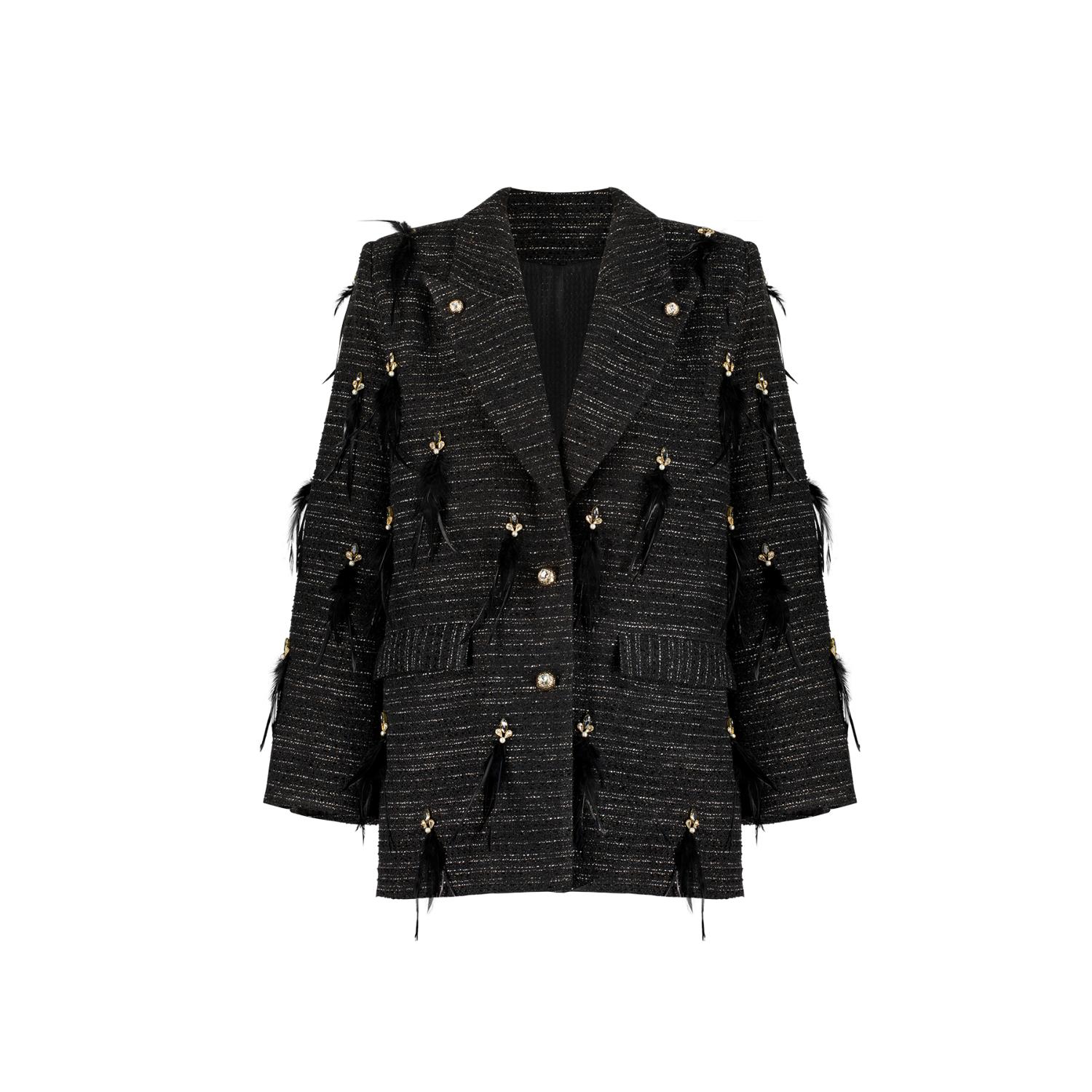 Azzalia Women's Oversized Blazer With Embellished Crystal And Feather-black In Black