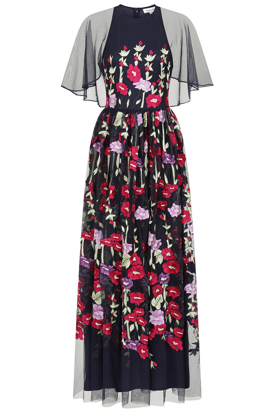 Frock And Frill Women's Blue Meadow Navy Floral Embroidered Maxi Dress In Blue
