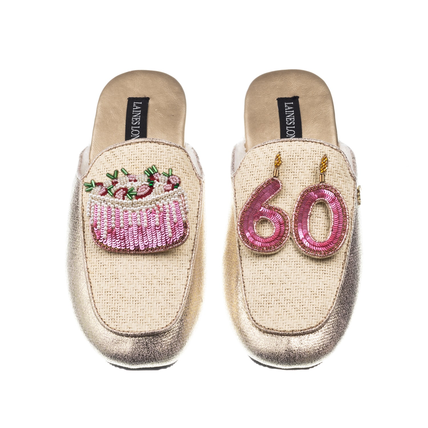 Laines London Women's Gold / Neutrals Classic Mules With 60th Birthday & Cake Brooches - Cream & Gold In Gold