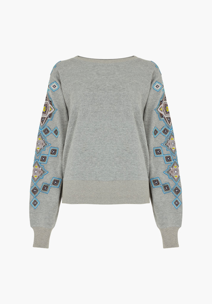 Raffya Women's Grey / Blue Jewel Embroidered Sweatshirt In Gray