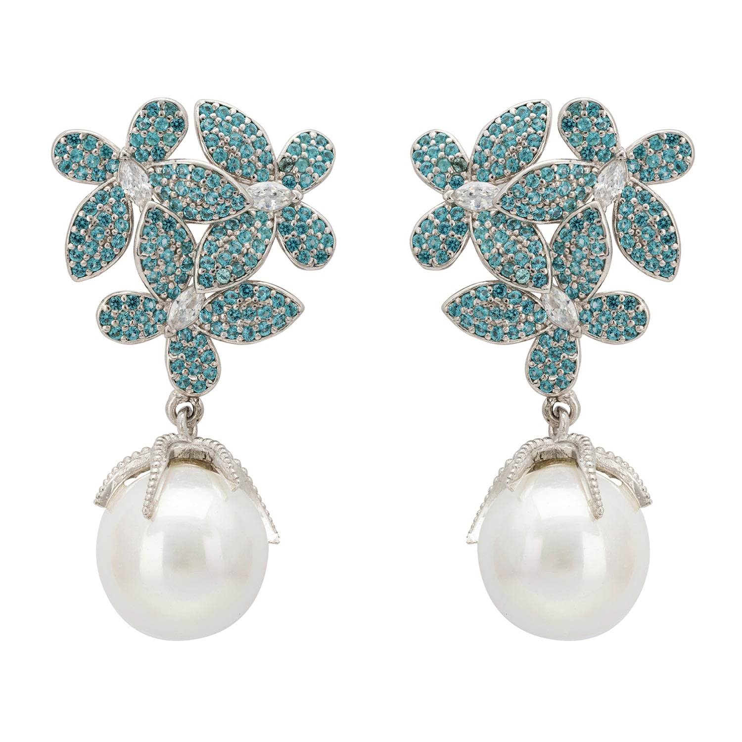 Women’s Blue / Silver Flowers Baroque Pearl Earrings Aqua Blue Silver Latelita