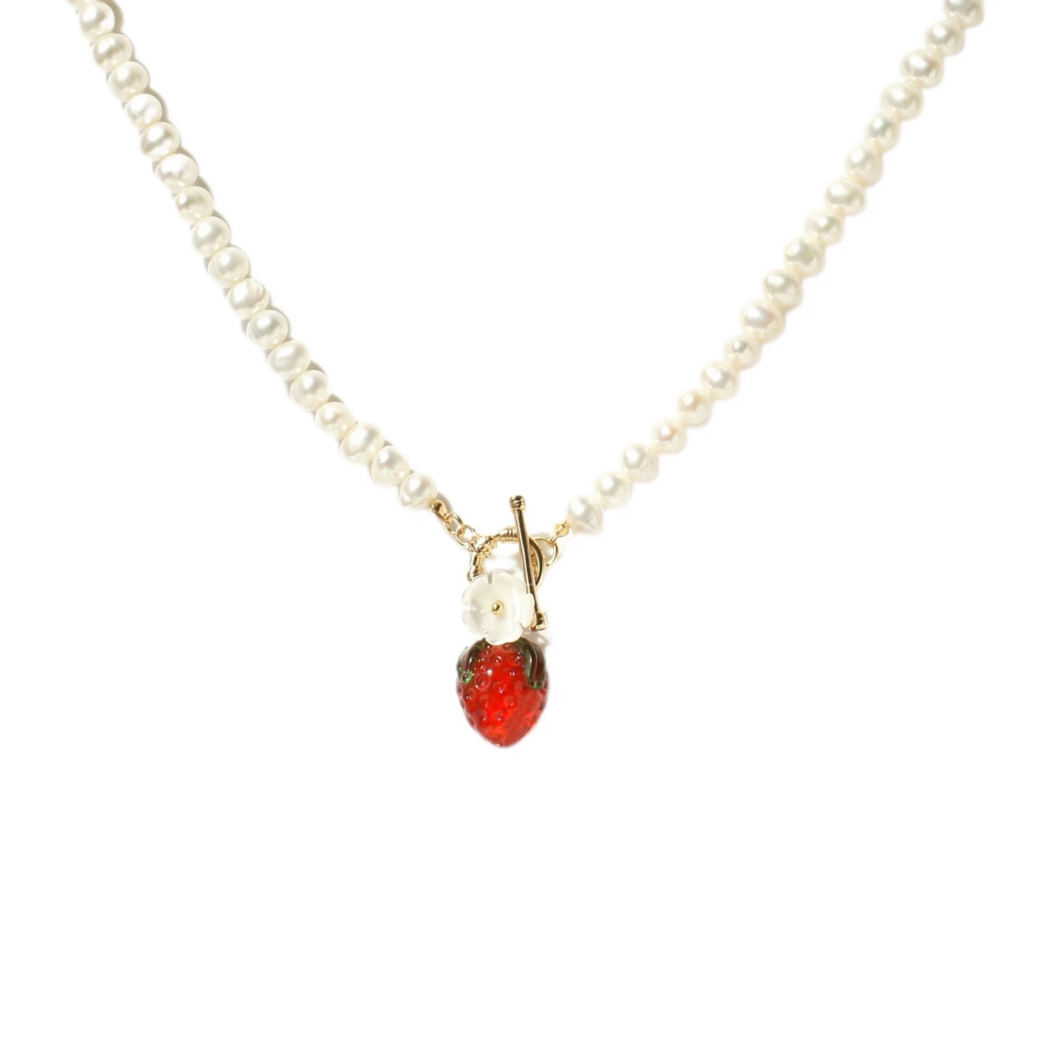 I'mmany London Women's Red / White Lampwork Glass Strawberry & Mother Of Pearl Flower Pearl Necklace In Multi