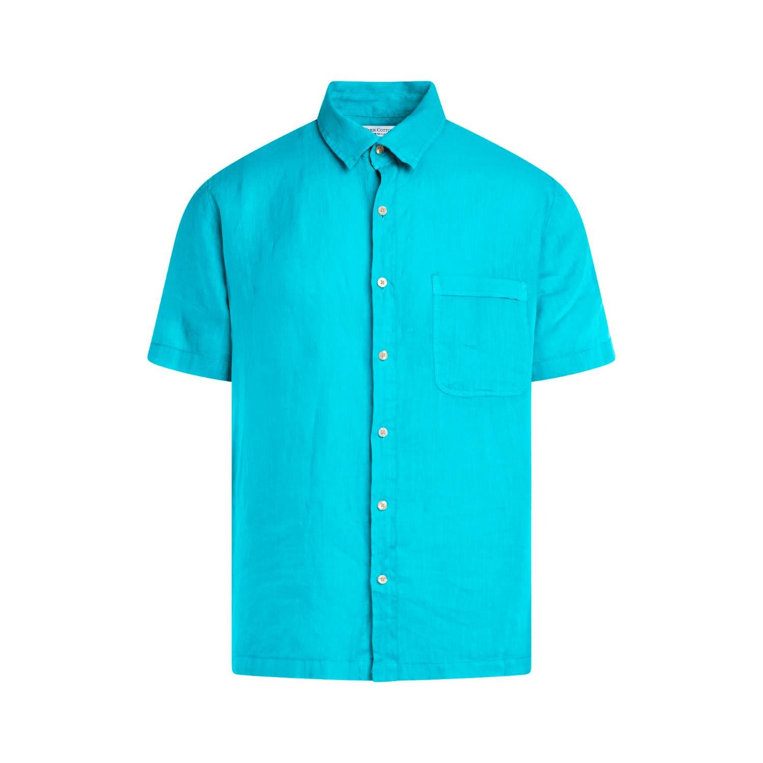 Men’s Short Sleeved Front Pocket Linen Shirt- Zante Blue Small Haris Cotton