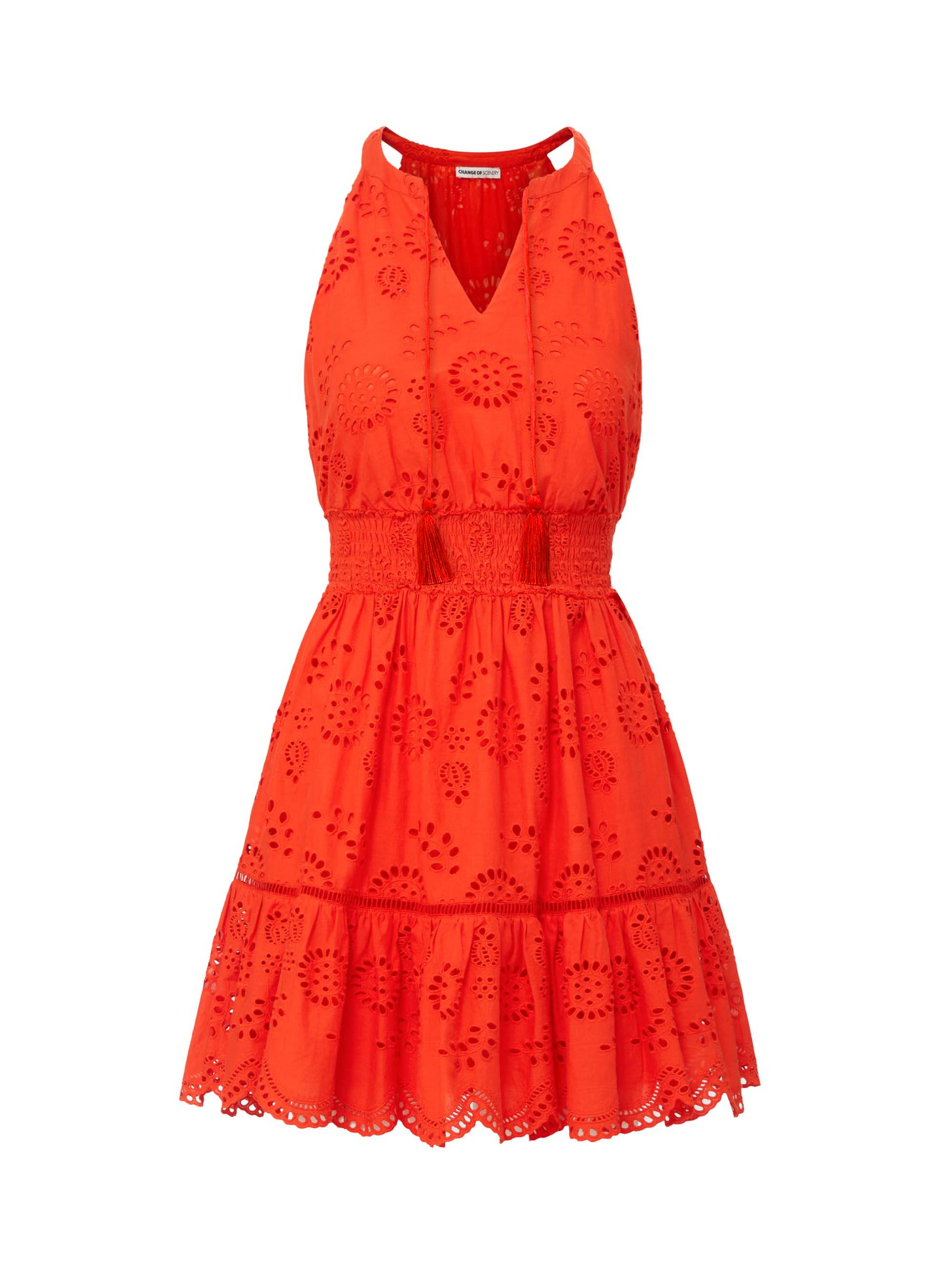 Change Of Scenery Women's Yellow / Orange Emma Dress In Flame San Andrés Eyelet In Yellow/orange