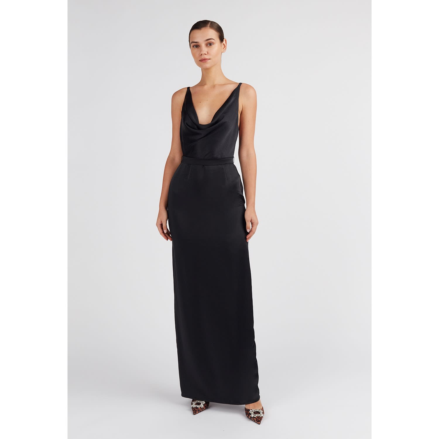 strapless open back dress A Line V Neck Black Backless Satin Prom Dresses, Black Open Back Long –  jbydress main image 1