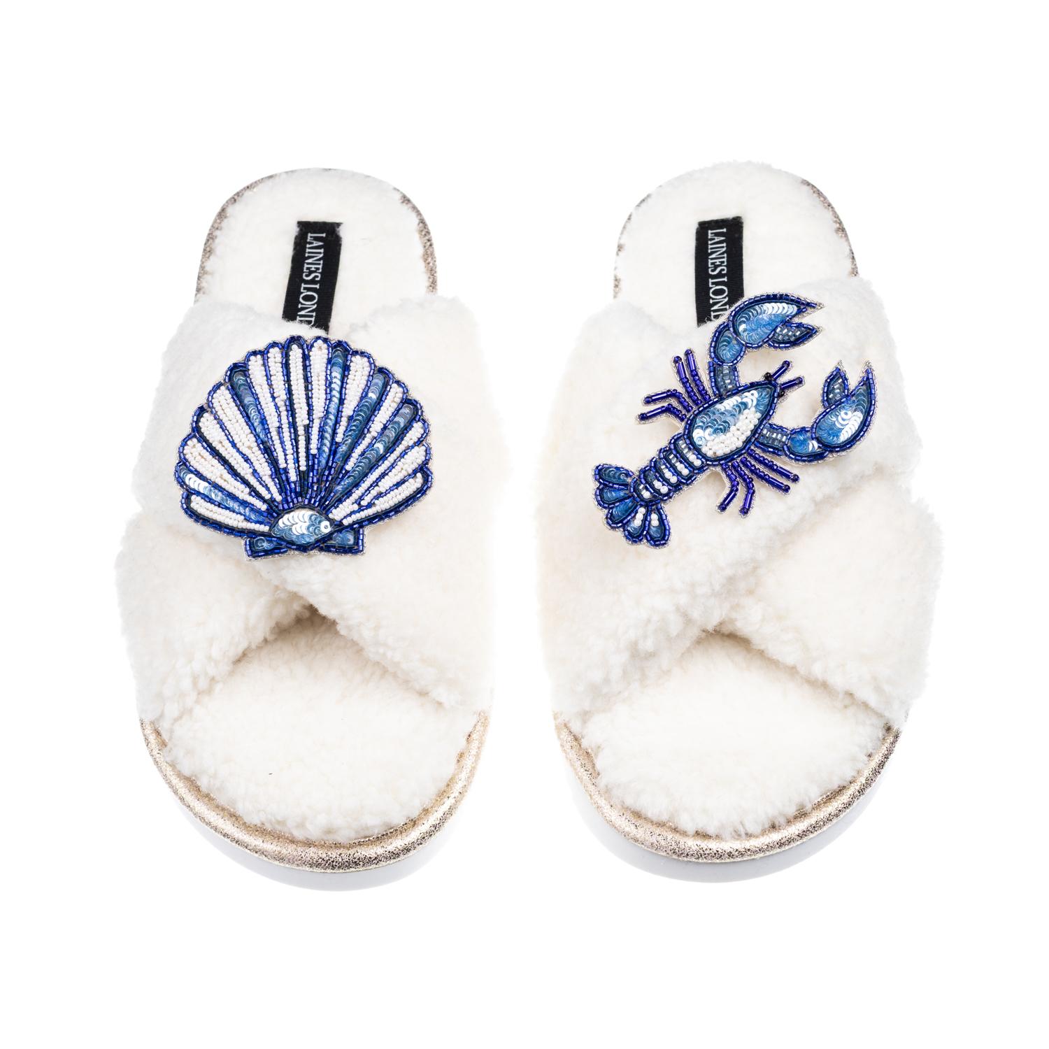 Laines London Women's Neutrals / White Laines Neutral Boucle Slippers With Mediterranean Shell & Lobster Brooches 