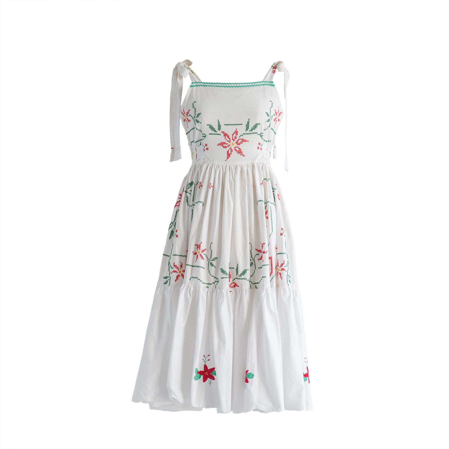 Sugar Cream Vintage Women's Re-design Upcycled Daisy Flare Tie Strap Midi Dress In White