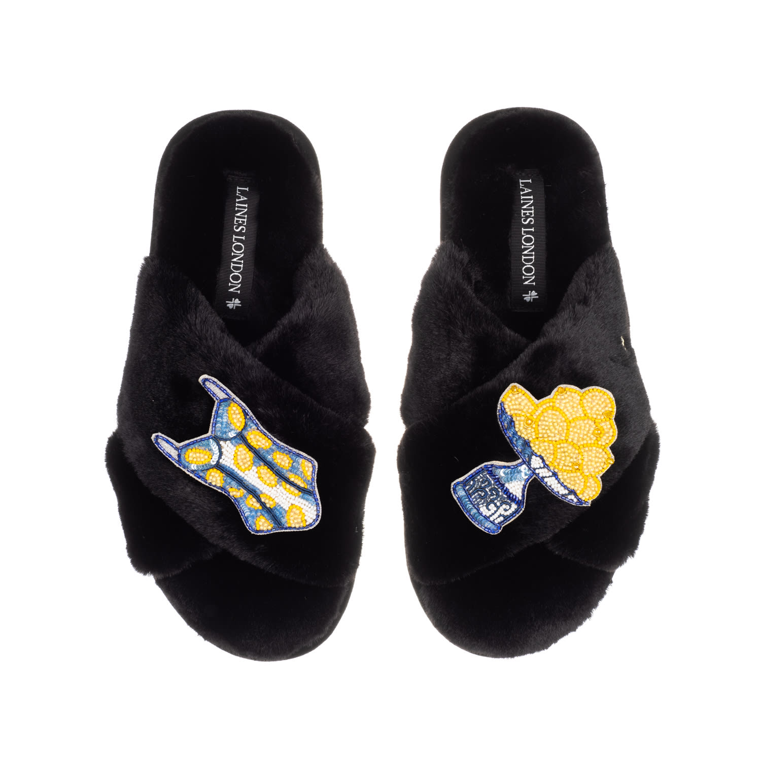 Laines London Women's Classic Laines Slippers With Mediterranean Swimming Costume & Lemon Brooches - Black In Black