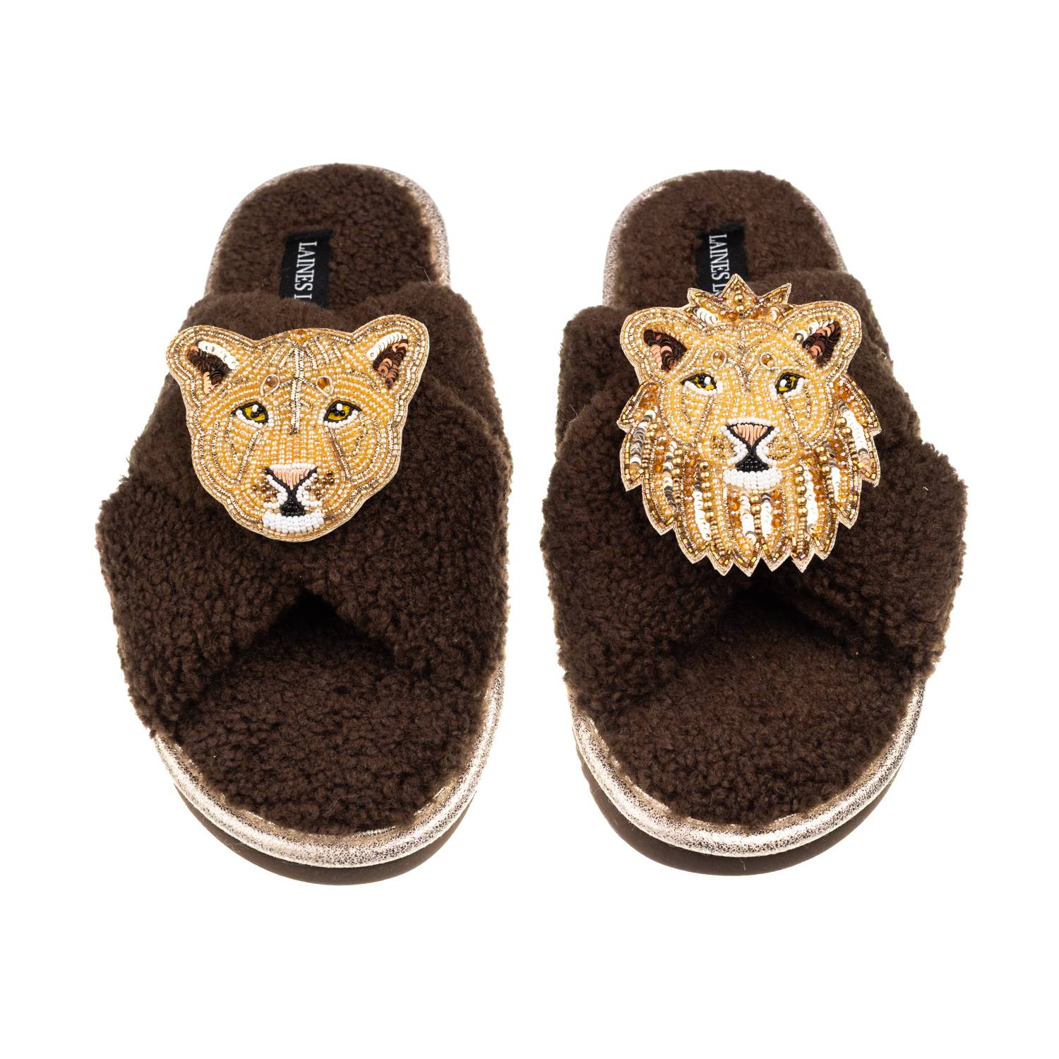 Laines London Women's Brown / Neutrals Laines Neutral Boucle Slippers With Lion & Lioness Brooches - Chocolate