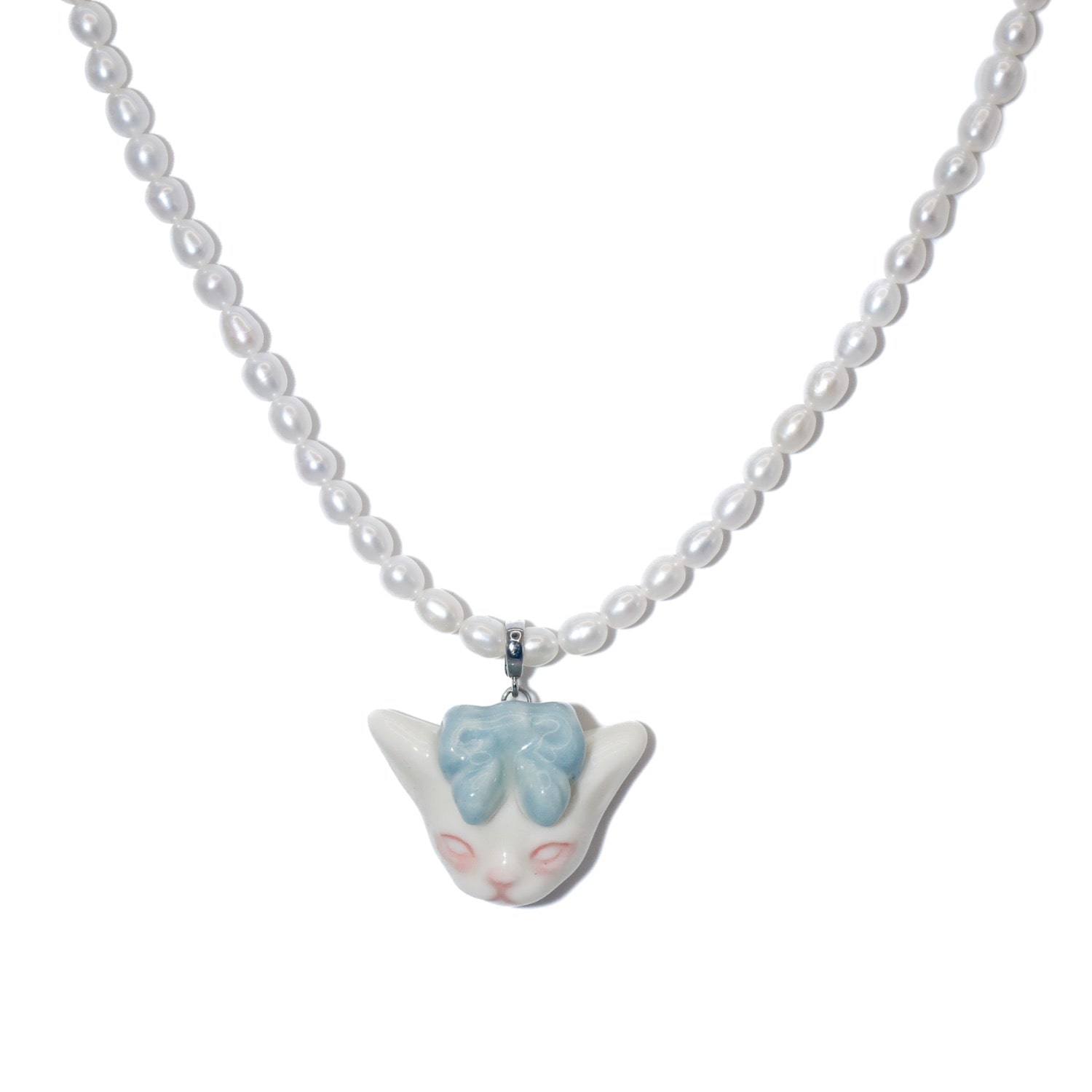 H2 Studio Women's Blue Angry Puss Light Jade Bow Tie Freshwater Pearl Necklace