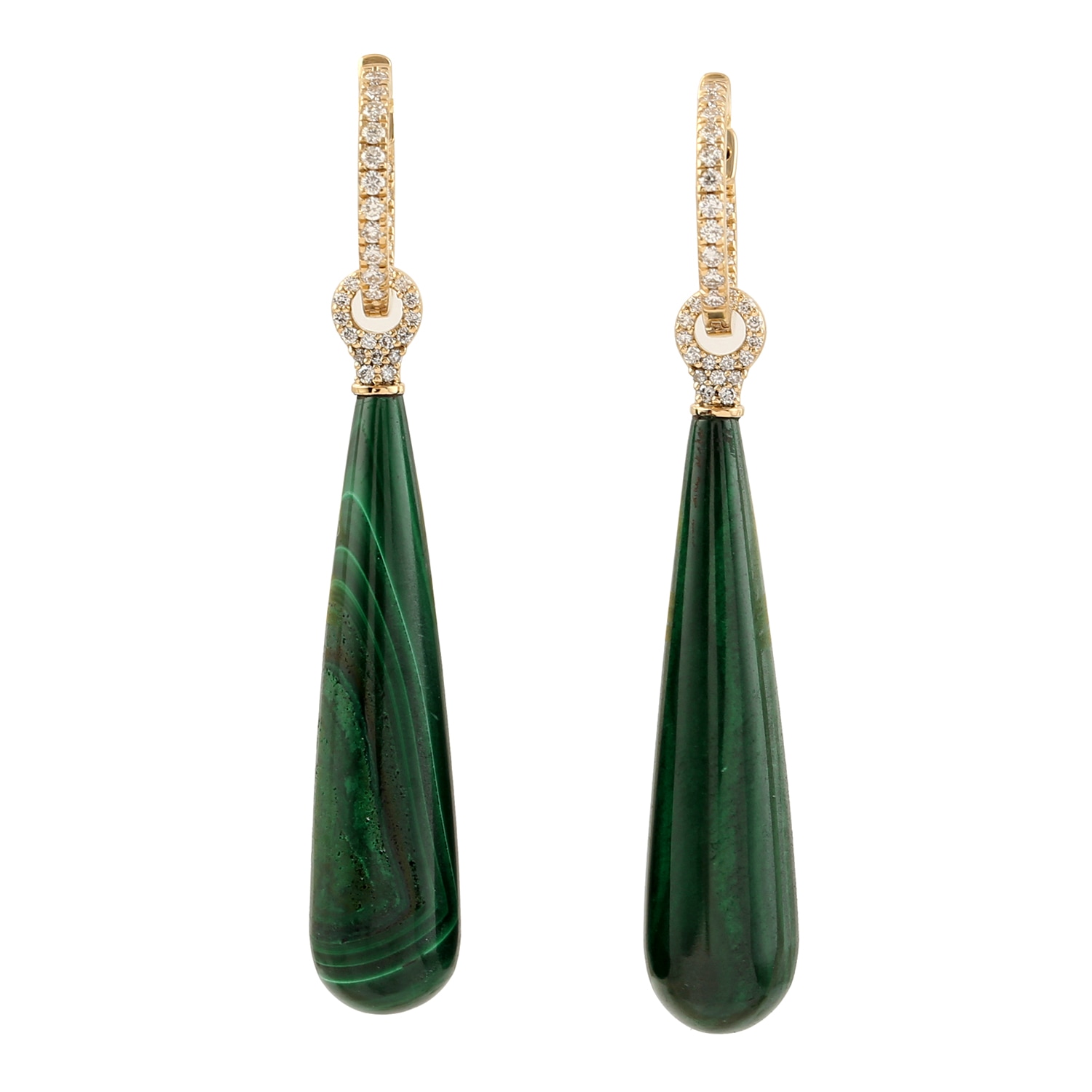 Artisan Women's Green / Gold Natural Pave Diamond & Beautiful Malachite Drop Danglers Earrings In 18k Yellow
