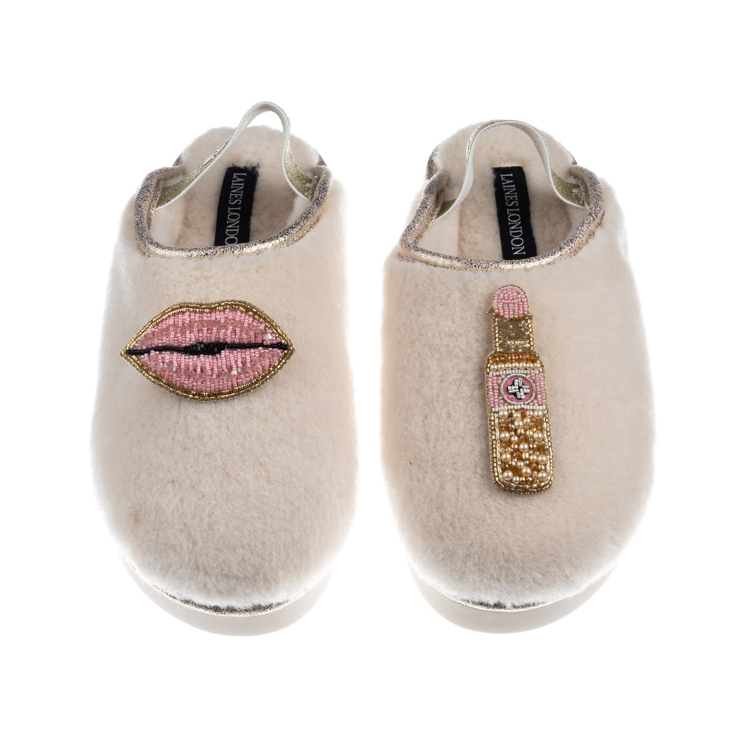 Laines London Women's Gold / Neutrals / White Flatform Cloud Slippers With Pink Lips & Lipstick Brooches - Cream