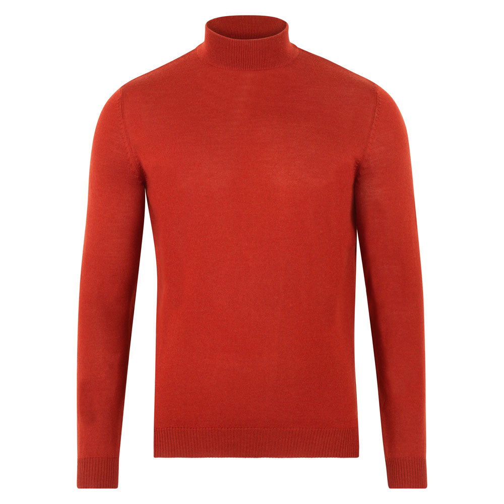 Paul James Knitwear Yellow / Orange Mens Extra Fine Merino Wool Mock Turtleneck Shaw Jumper - Spice In Yellow/orange