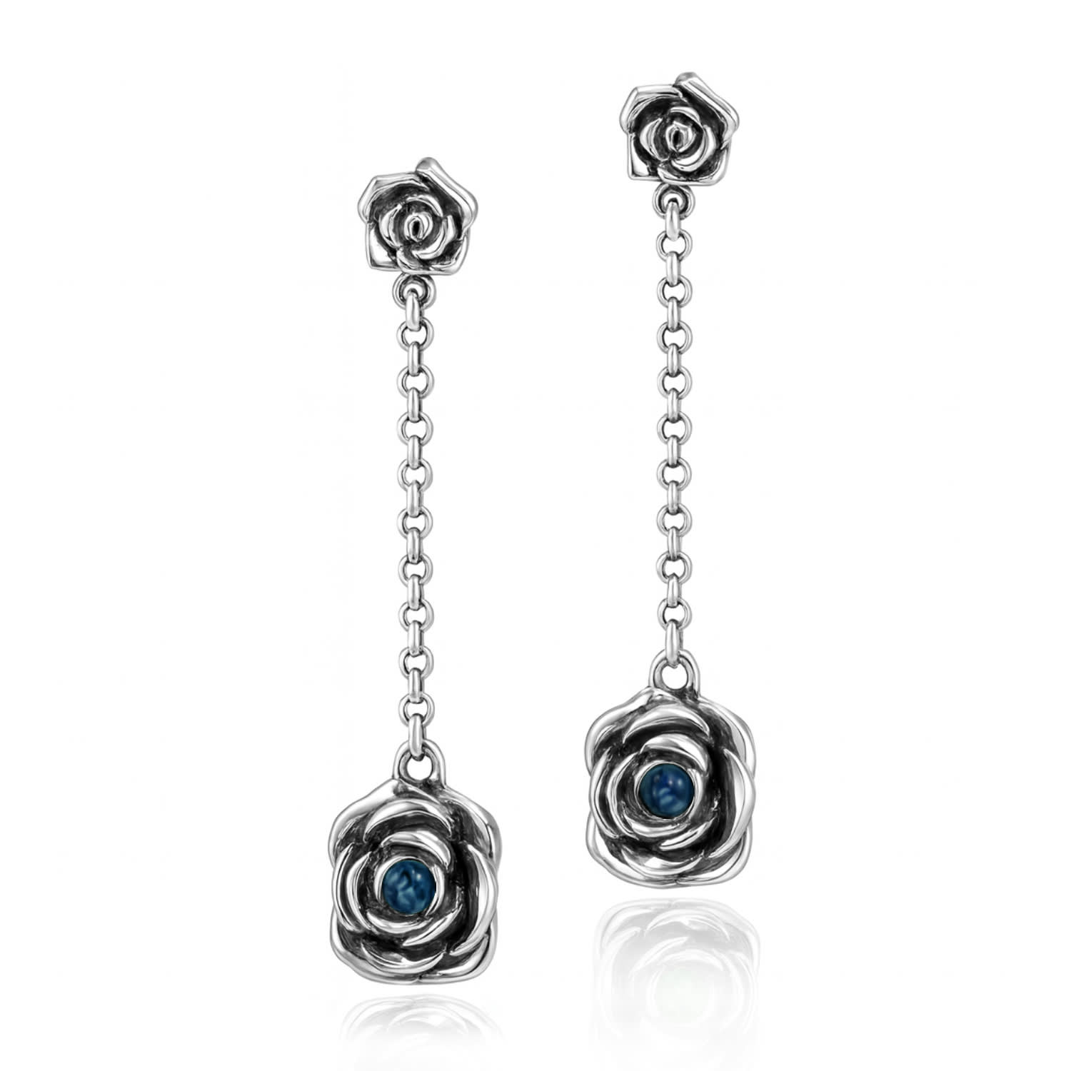 Unaloe Silver / Green Rocks Sterling Silver Rose Drop Earrings With Sapphire Stone – Earrings For Women – J In Multi