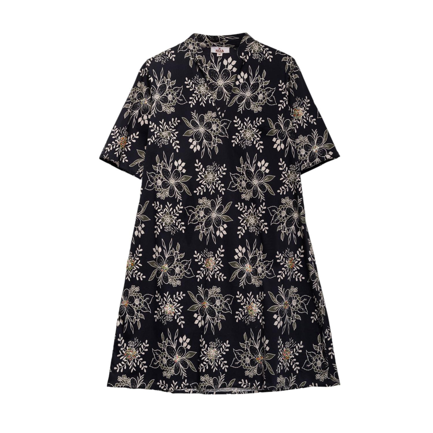 Niza Women's Black Short Flared Dress With Embroidery In Black