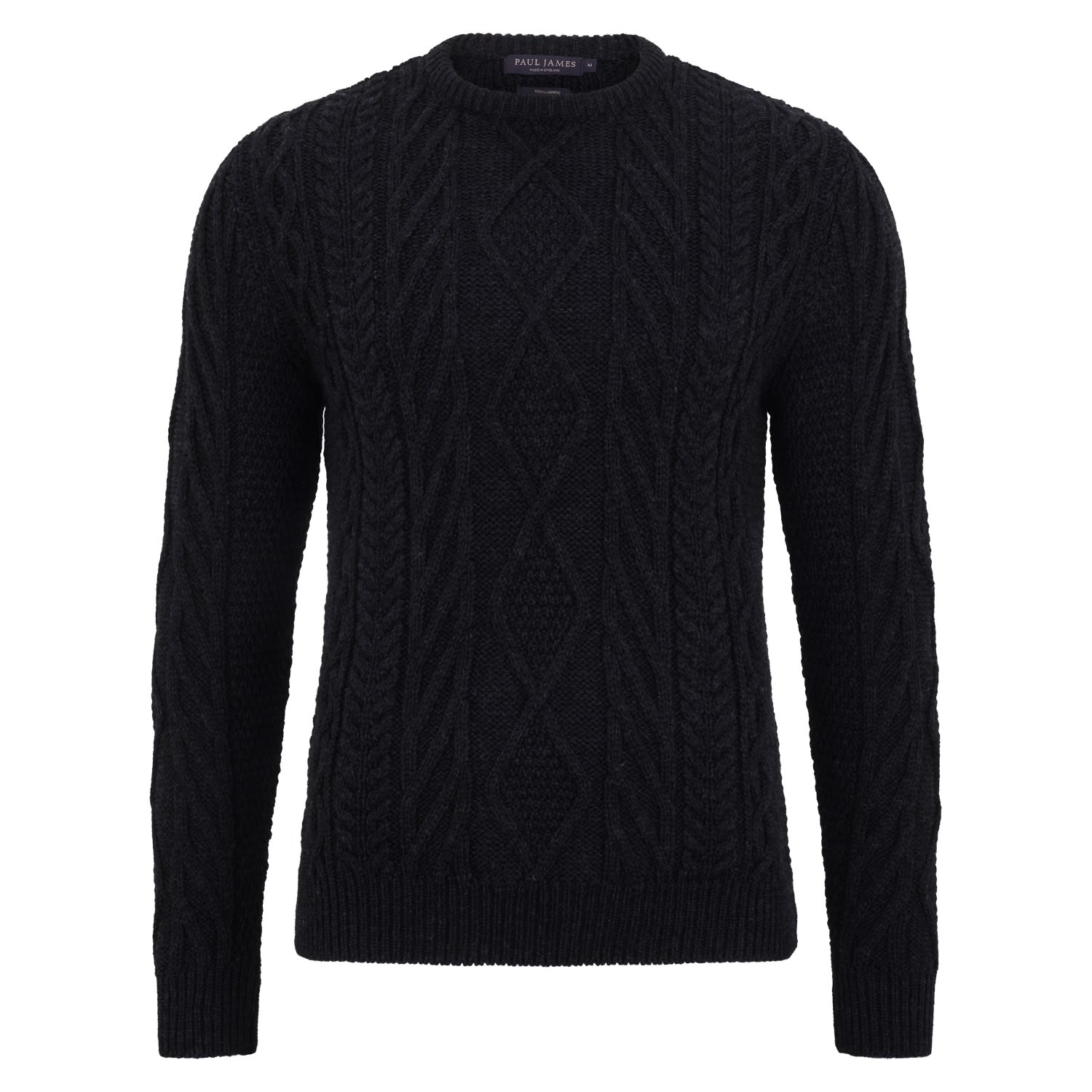 Paul James Knitwear Mens Chunky Merino Wool Cameron Cable Jumper - Black Melange In Black