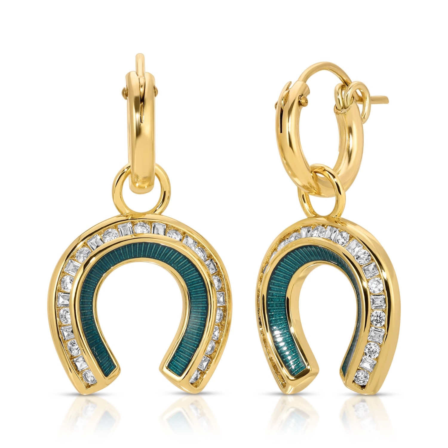 Glamrocks Jewelry Women's Gold Good Fortune Horseshoe Huggies - Teal