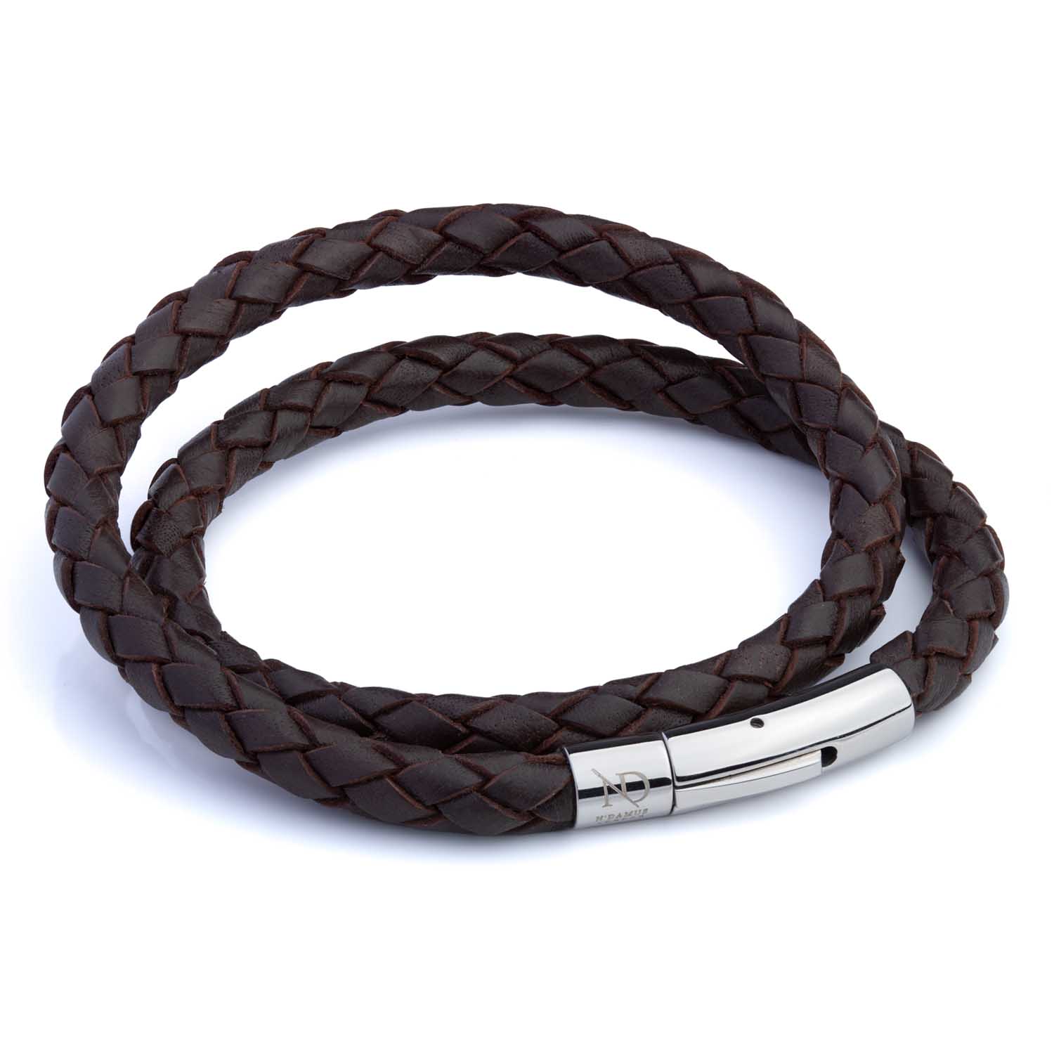 Brown Leather Double Plaited Bracelet With Silver Clasp, N'Damus London