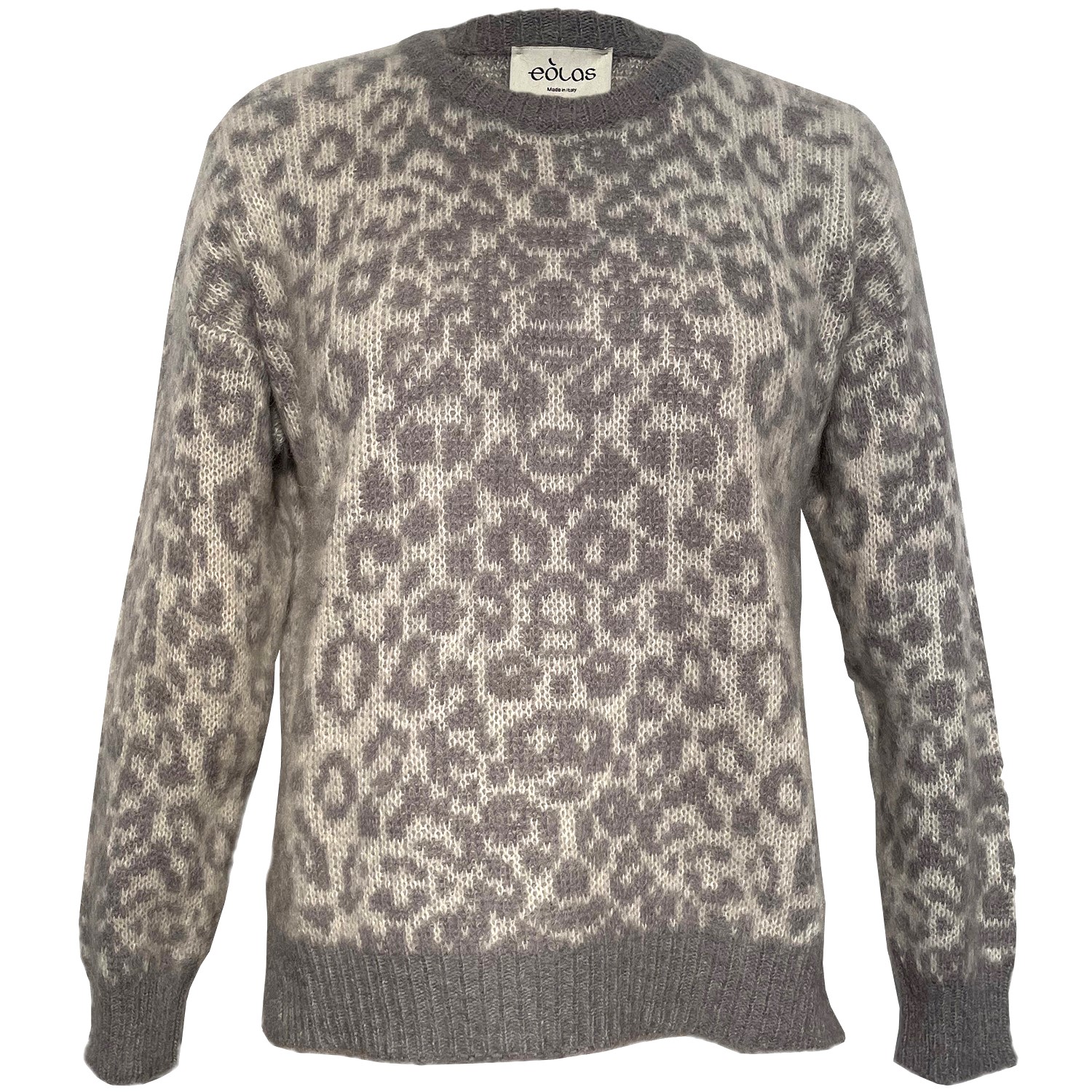 Women’s Neutrals Kimry Cream Leopard Crewneck In Brushed Recycled Cashmere & Mohair Large Eolas