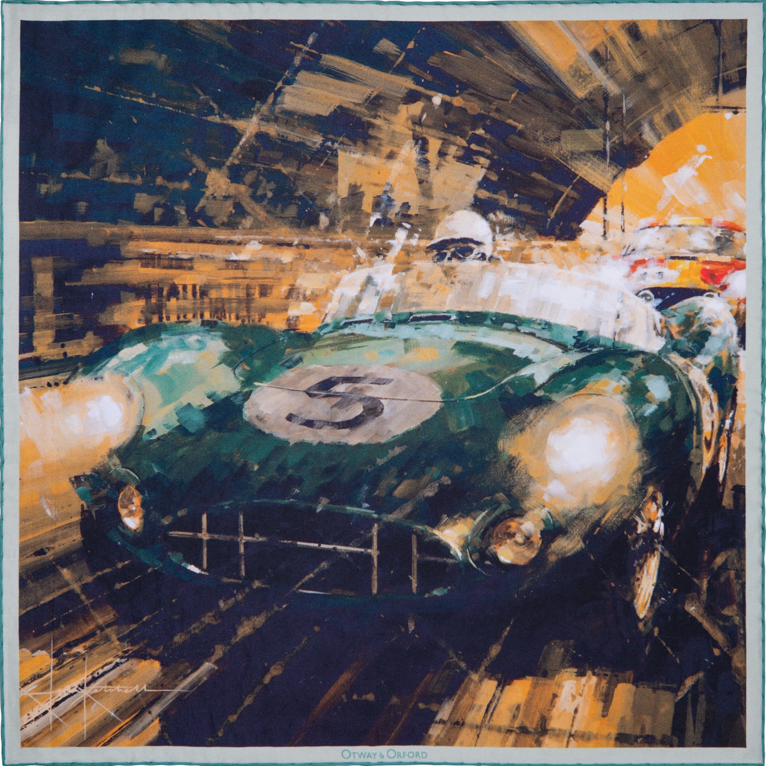Otway & Orford Men's Gold / Green / Black 'victory At Last' Classic Motor Racing Silk Pocket Square. Medium-size. In Multi
