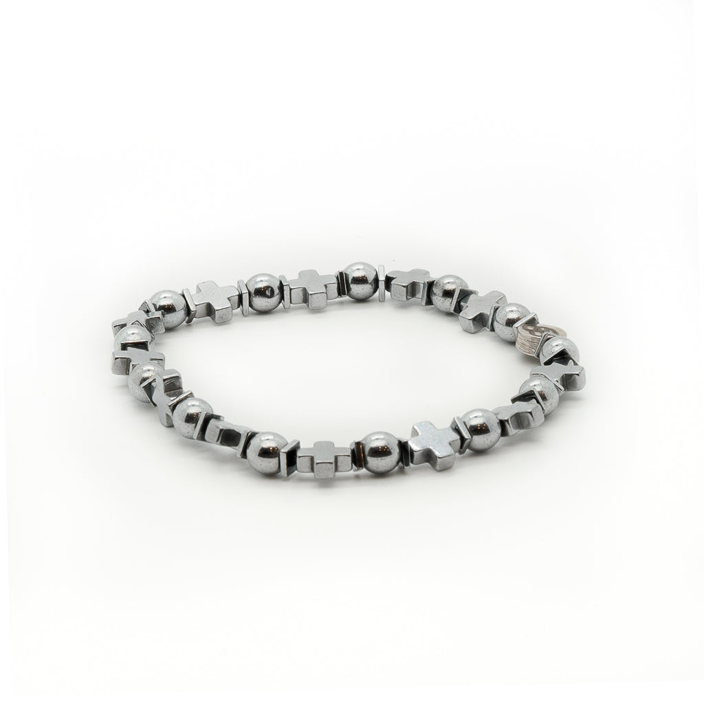 Cross Beaded Silver Hematite Stone Men Bracelet - Silver Ebru Jewelry