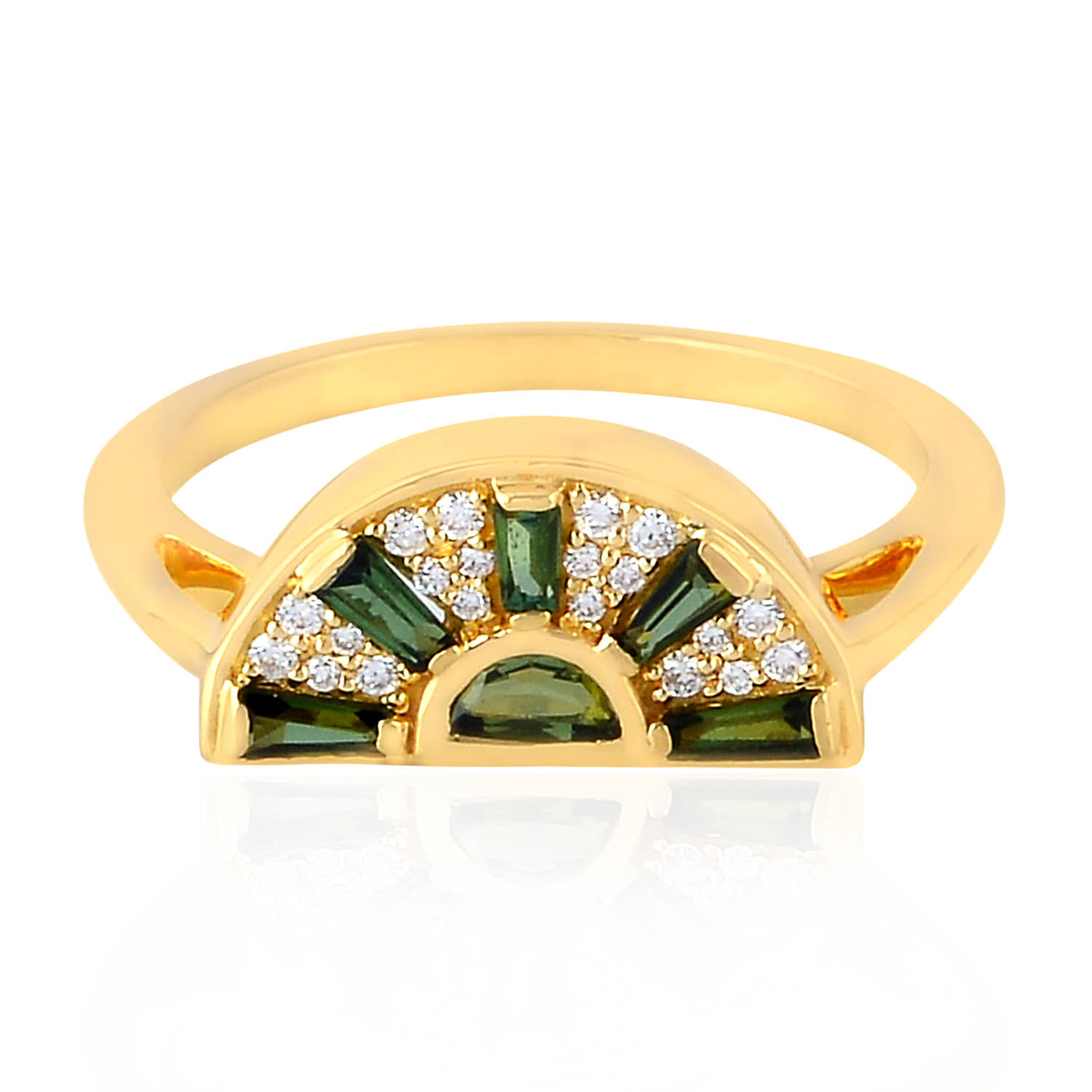 Artisan Women's Gold / Green / White Yellow Gold Band Ring With Natural Green Tourmaline & Diamond In Multi