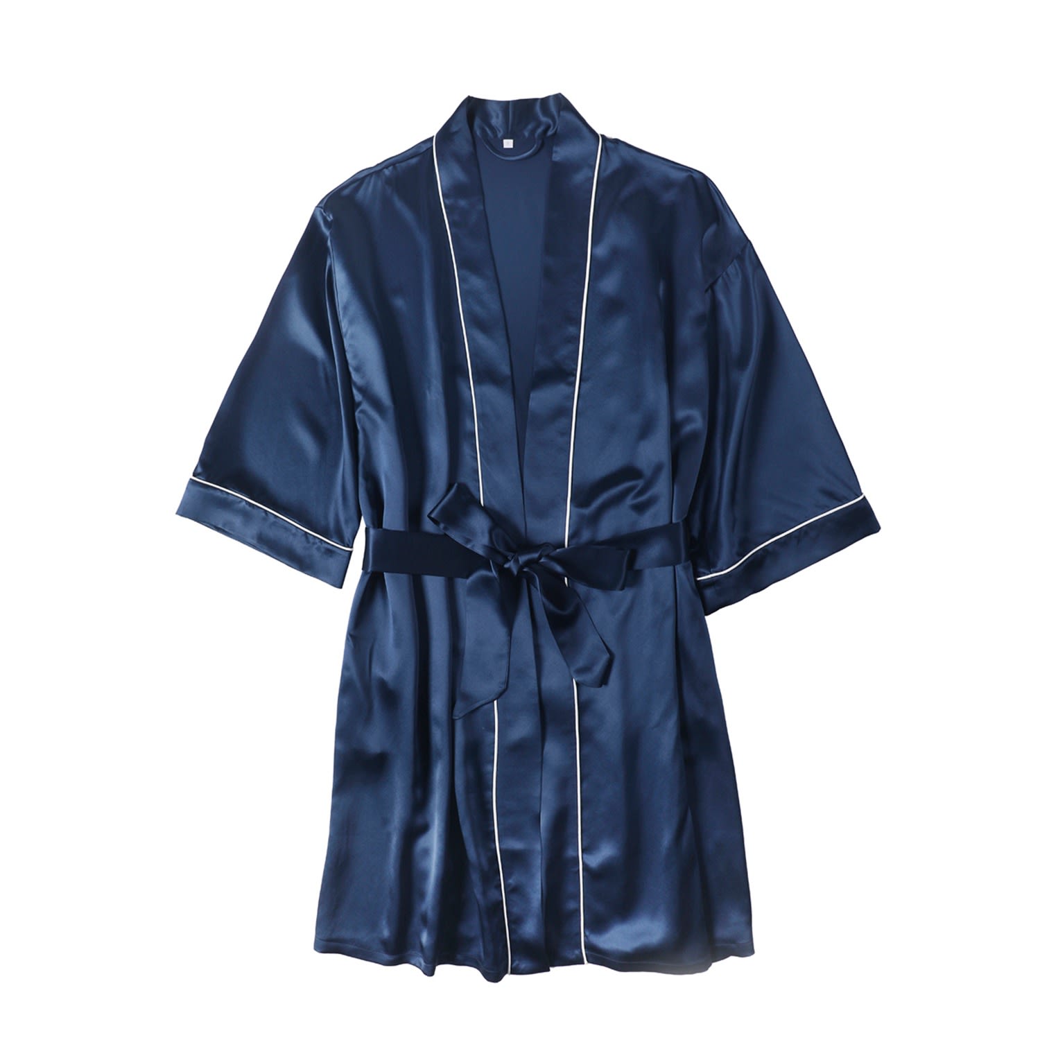 Soft Strokes Silk Women's Blue Pasithea - Kimono Pure Silk Robe - Knee Length Double Belts And Pockets - Navy