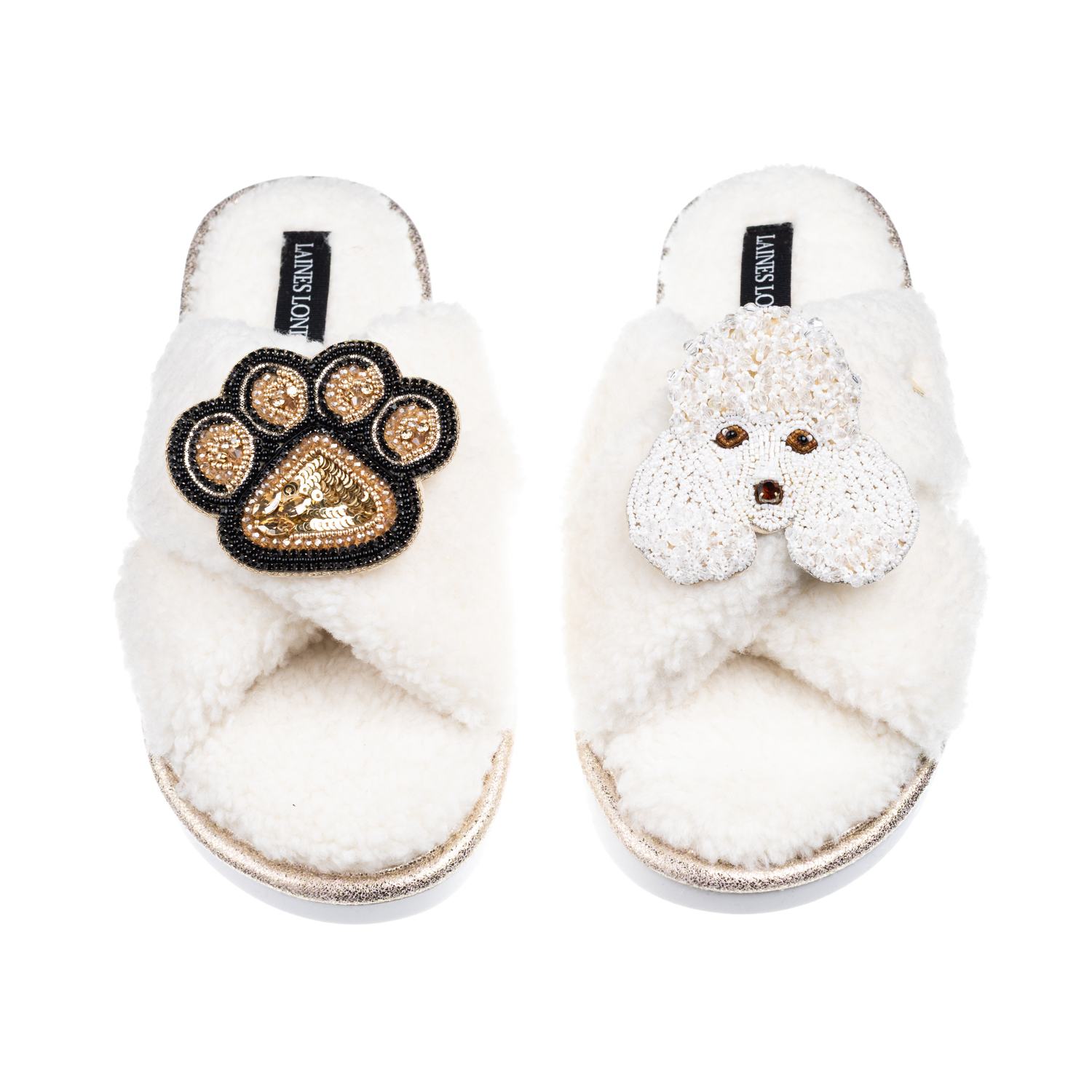 Laines London Women's Neutrals / White Laines Neutral Boucle Slippers With Pearl The Poodle & Paw Brooches - Cream