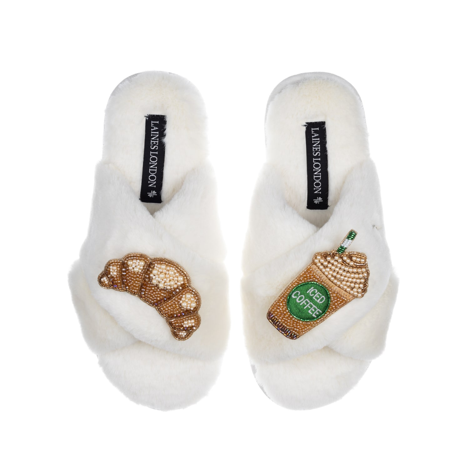 Women's White Classic Laines Slippers With Iced Coffee & Croissant Brooches - Cream | Extra Large | Laines London