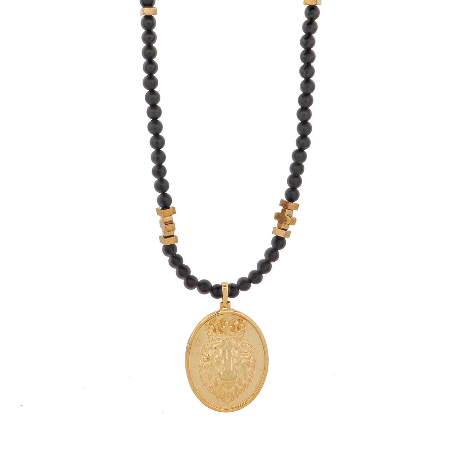 Ebru Jewelry Men's Gold / Black Gold Powerful Lion Pendant Black Onyx Necklace - Gold