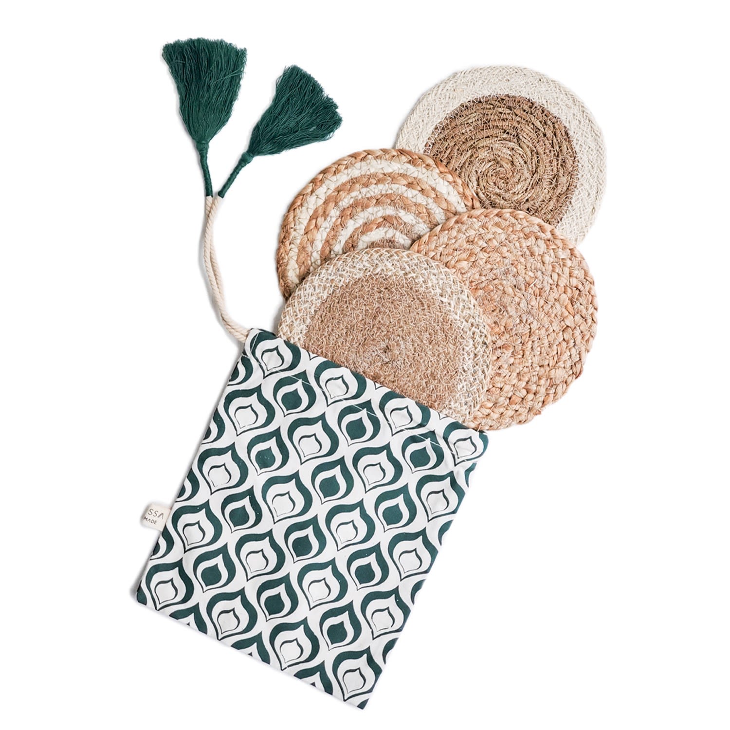 Natural Coaster Trivet Gift Set With Green Pouch Korissa