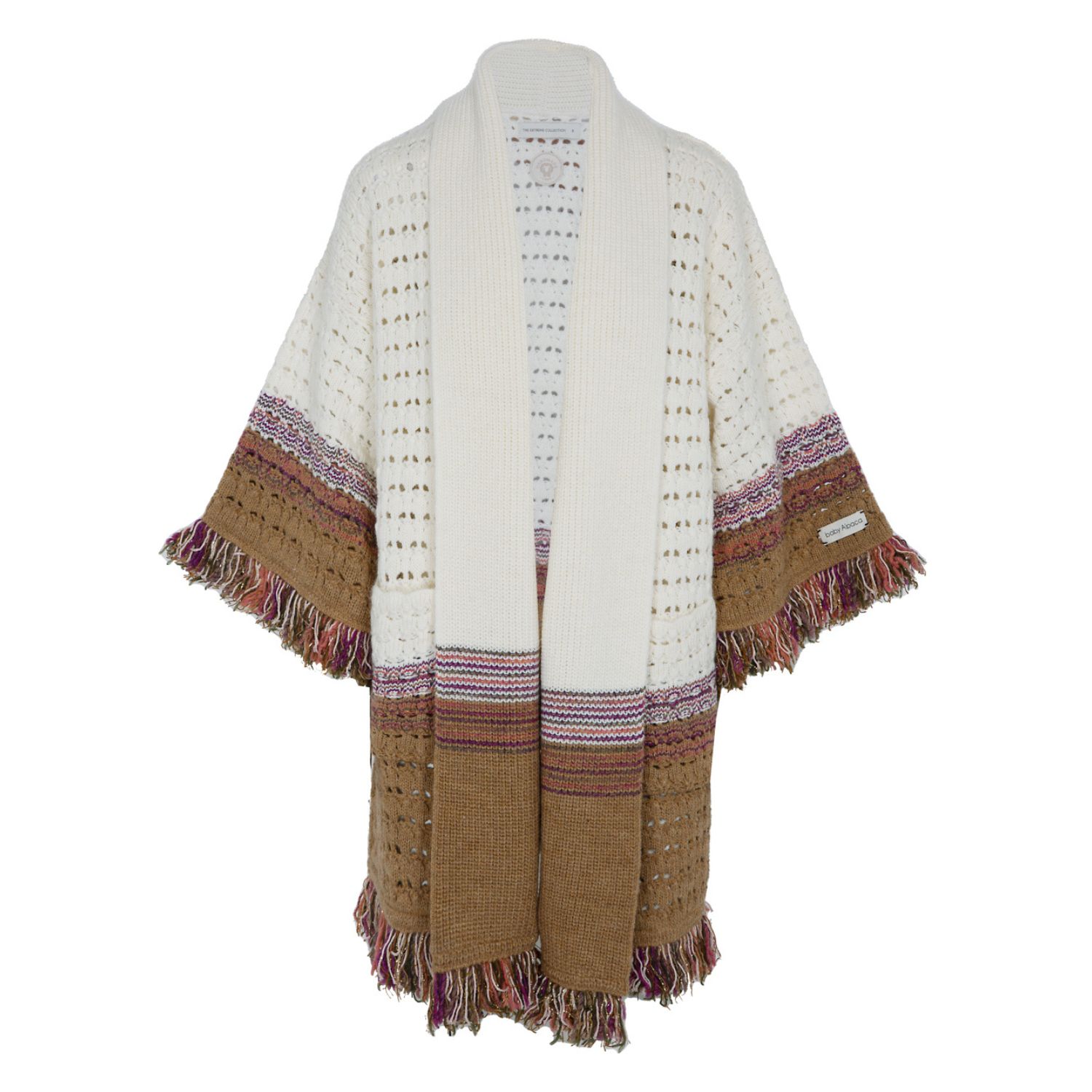 Women’s White Beige And Camel Ribbed Knitted Cardigan With Fringes Ingrid S/M The Extreme Collection