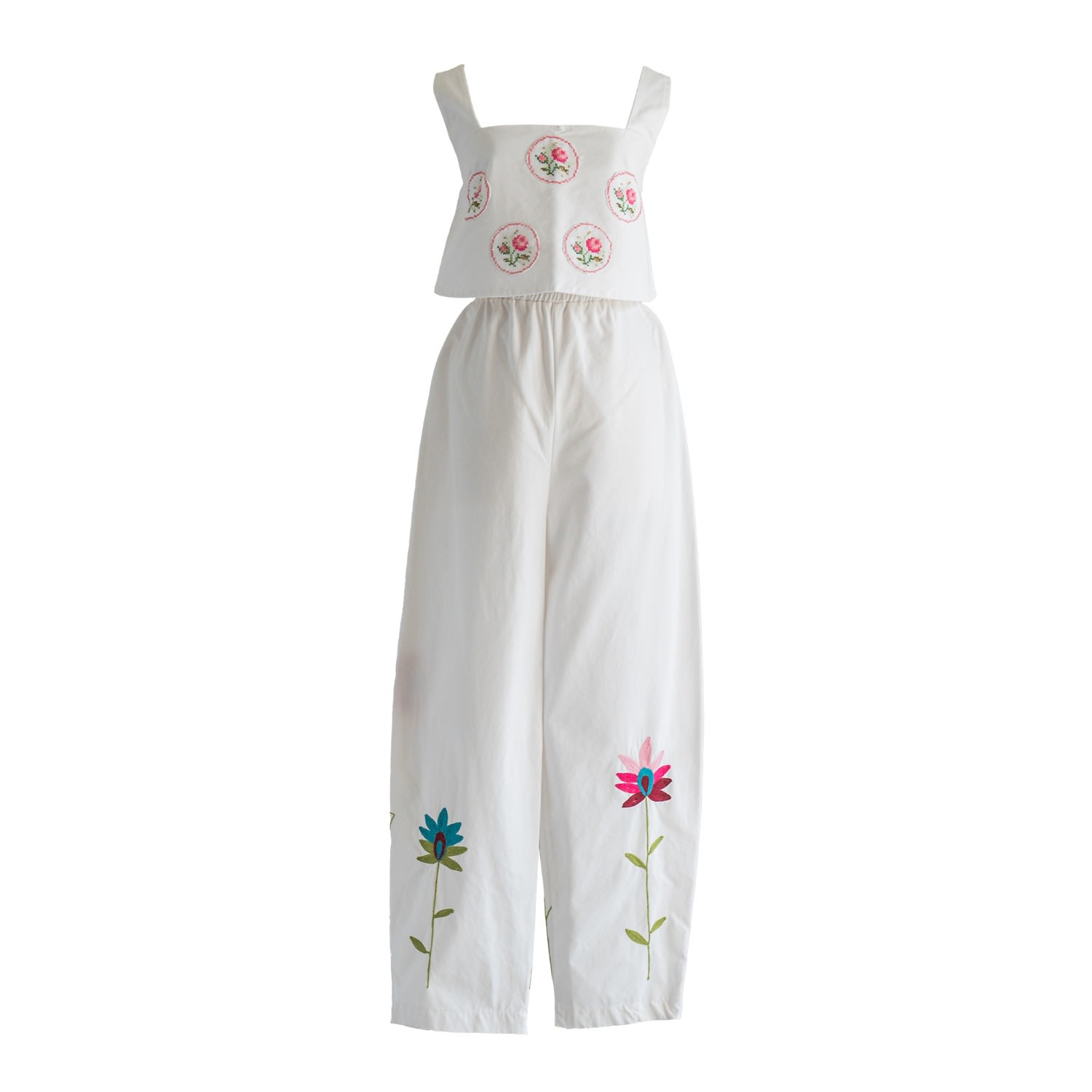 Sugar Cream Vintage Re-design Upcycled Rose Cross-stitch Embroidery Top Trouser Set In White