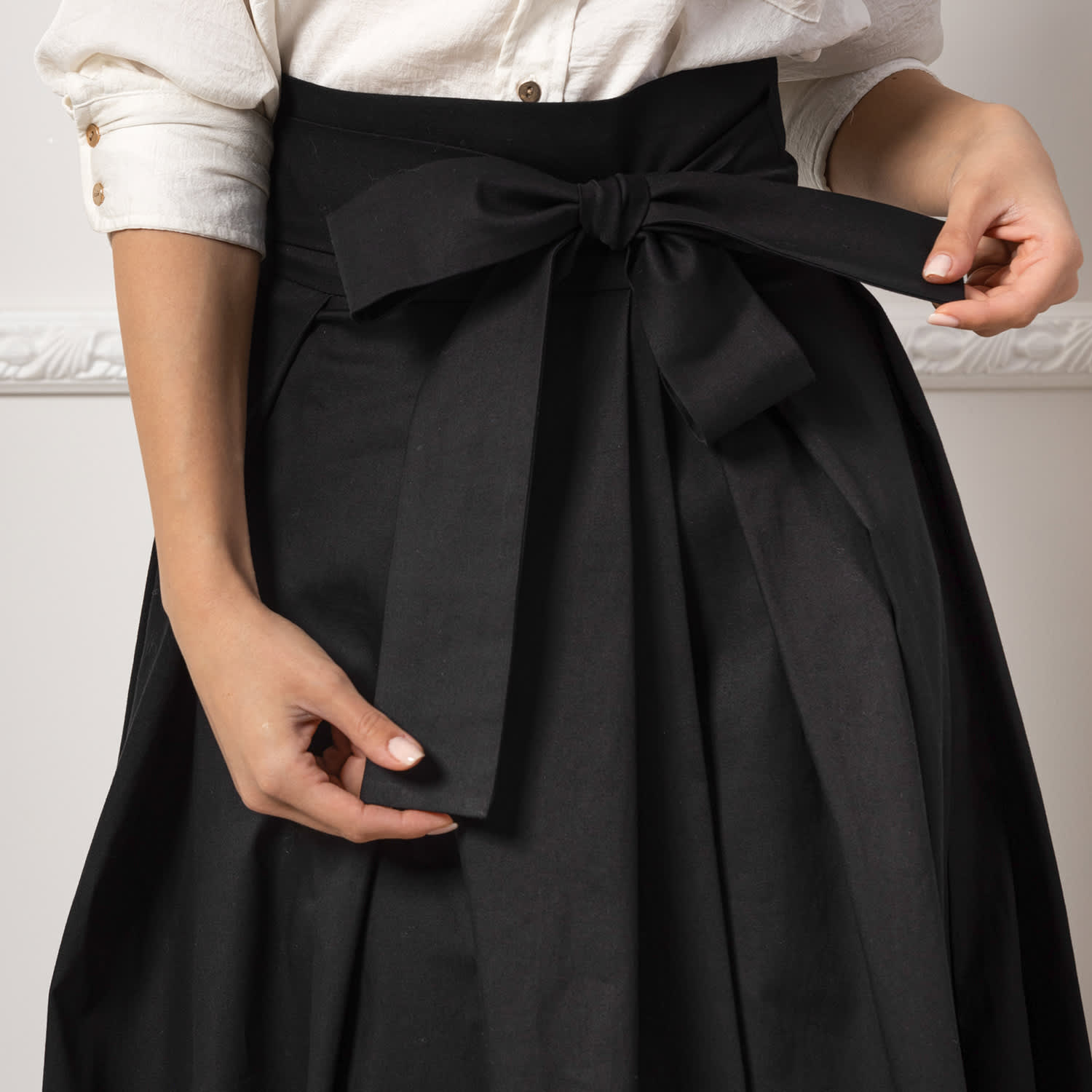Maxi Cotton Elegant Skirt With Front Bow & High Waist In Black