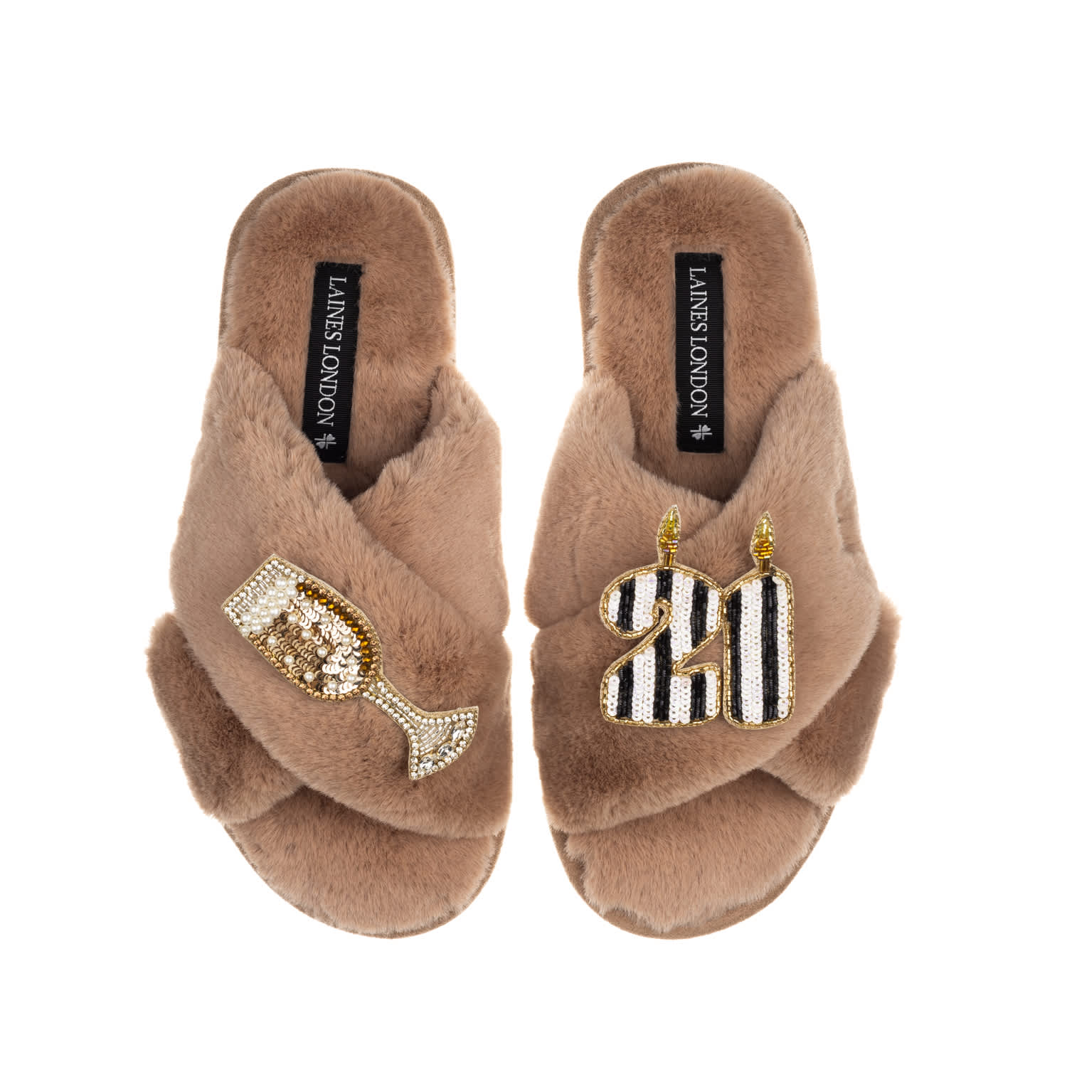 Laines London Women's Brown Classic Laines Slippers With Stripe 21st Birthday & Glass Of Champagne Brooches - Toff In Brown