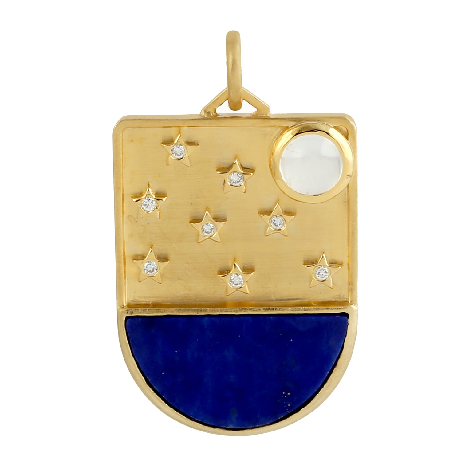 Women’s White / Blue / Gold 14K Gold Diamond & Bezel Set Moonstone With Lapis Gemstone In Star Moon Antique Pendant Artisan