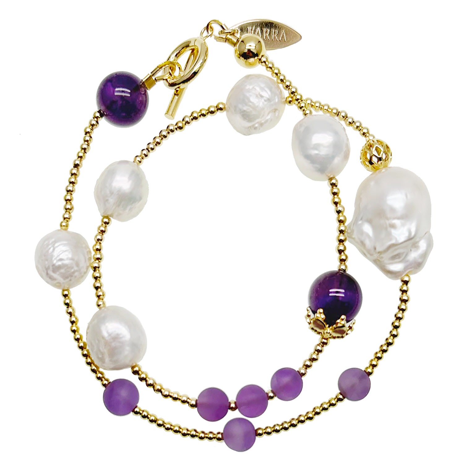 Farra Women's White / Pink / Purple Baroque Pearl With Amethyst Double Layers Bracelet In Multi