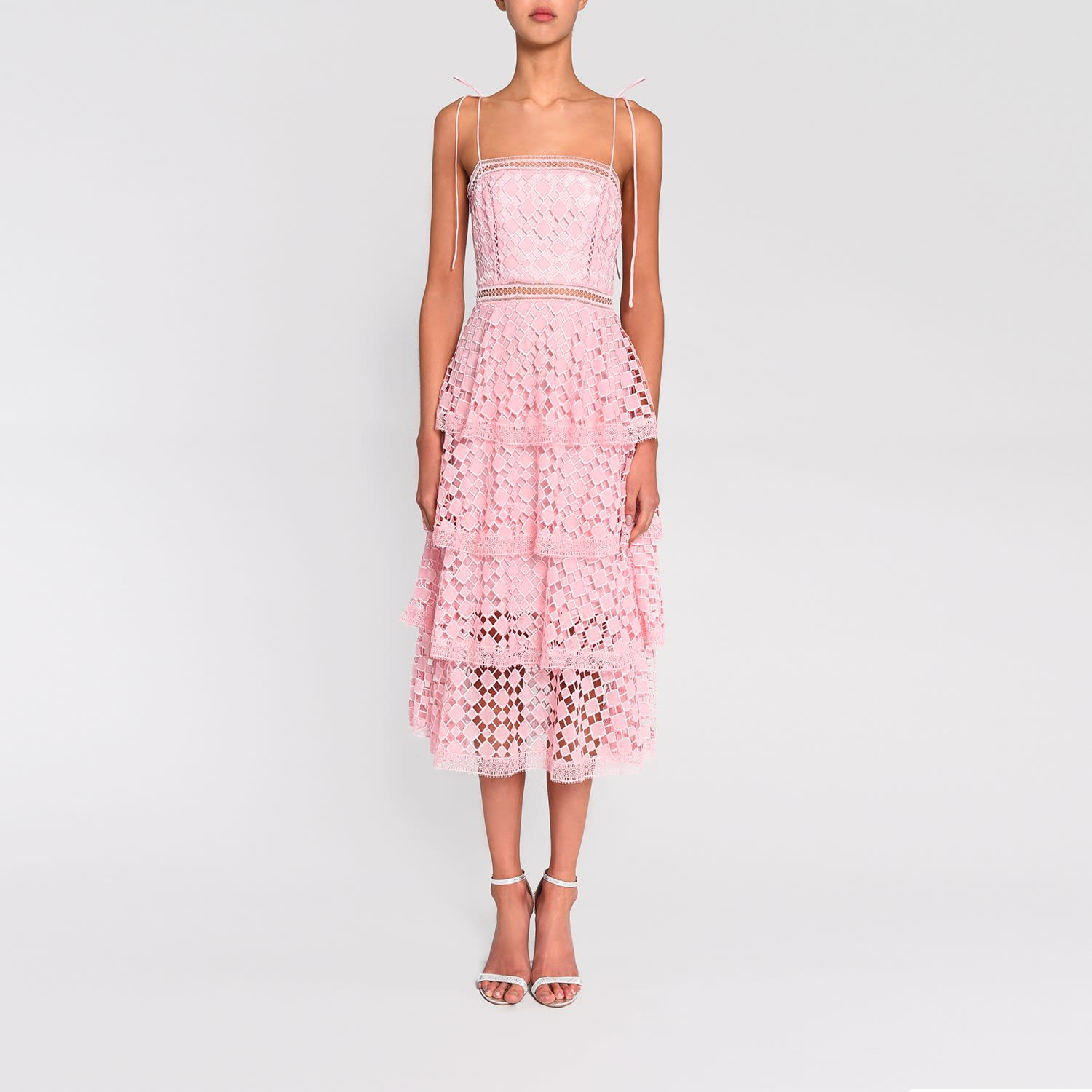 Pink Organza Cut Work Tiered Midi Dress 