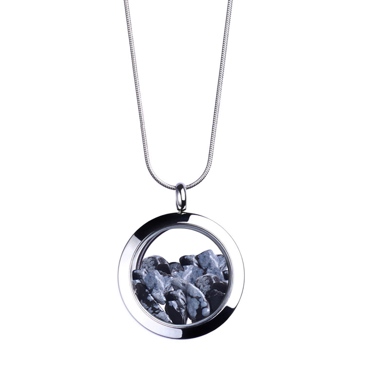 My Little Nature Women's Silver / White / Black Crystal Necklace - Snowflake Obsidian Pendant Necklace – Birthstone N
