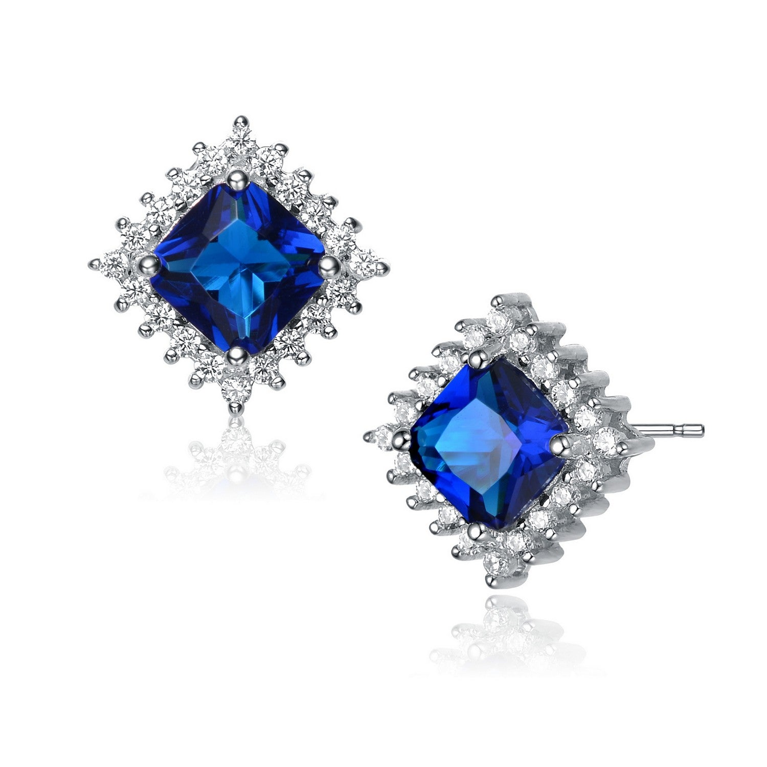 Women’s Blue / White / Silver Sterling Silver Sapphire Cubic Zirconia Square Earrings Genevive Jewelry