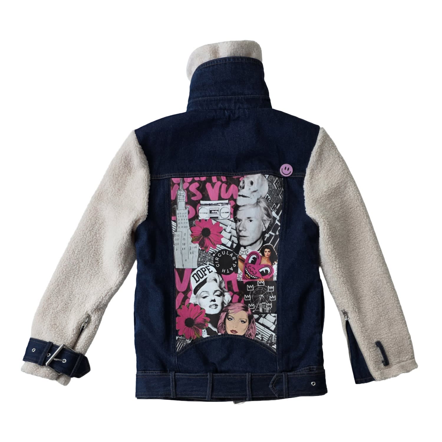 Circular Path Women's  X Love Tara - Teddy Denim Moto Jacket - Midnight Blue Cream Silver In Multi
